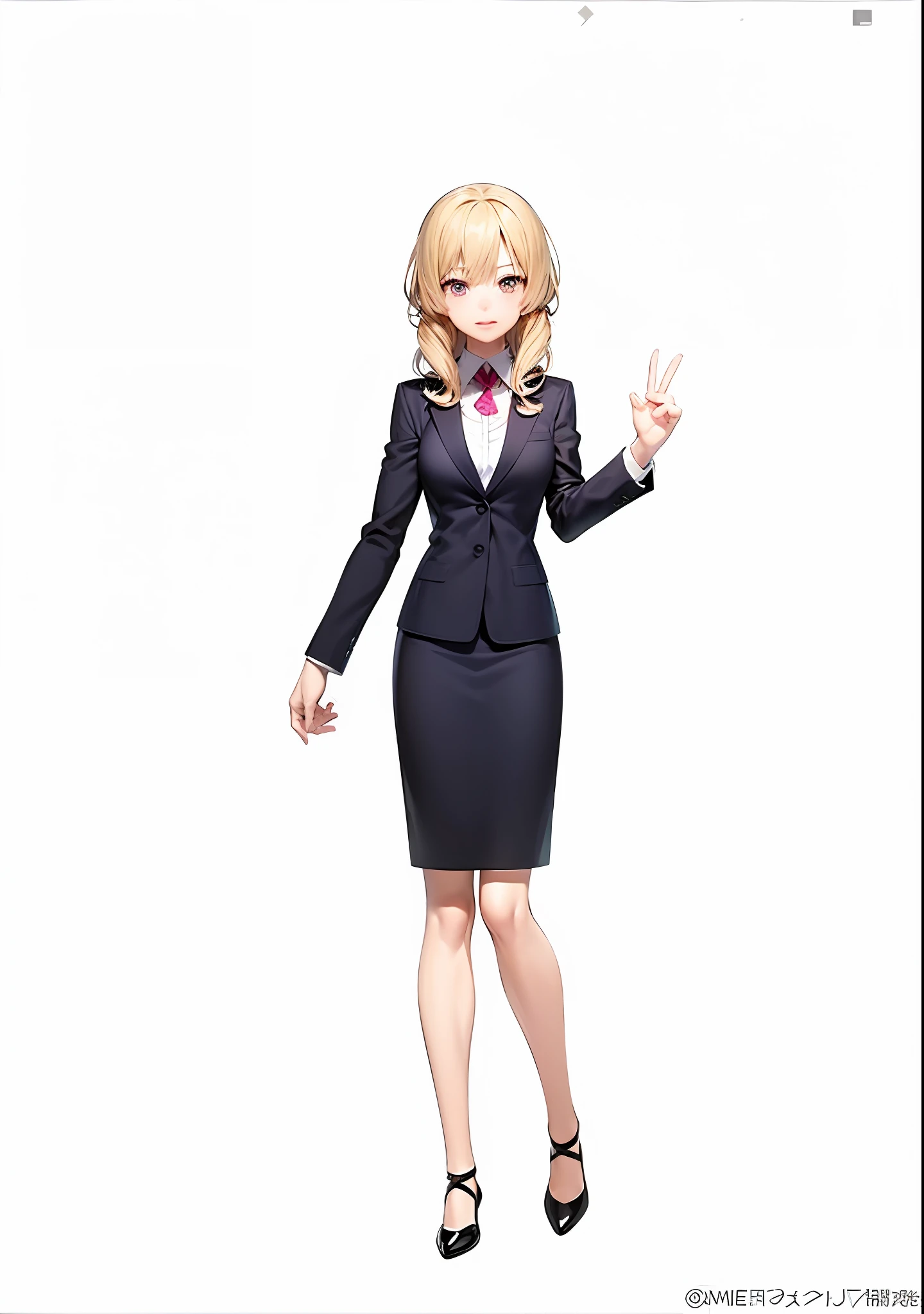 Woman in business suit standing with hands in the air, anime vtuber full body model, single character full body, a female anime character, Anime girl named Lucy, Girl in suit, Anime visuals of cute girls, anime full body illustration, Girl in a suit, Official art, full body single character, Anime Best Girl, kinmoza!