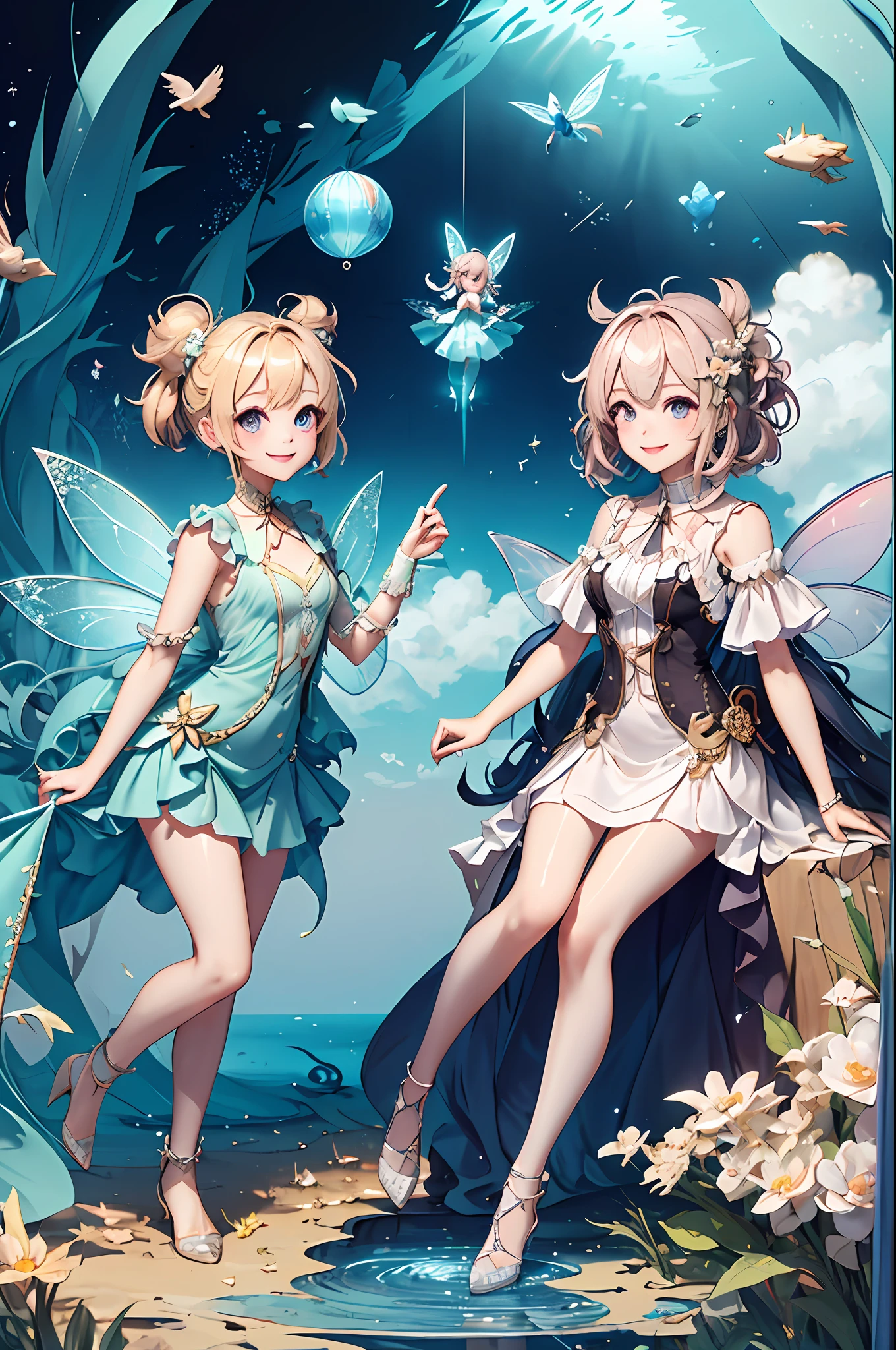 Welcome to the unknown、Chibi Fairy will guide you、kindly smile、Beautiful girl with a sense of transparency、beautiful fairies、Large transparent blade、are flying、rainbows