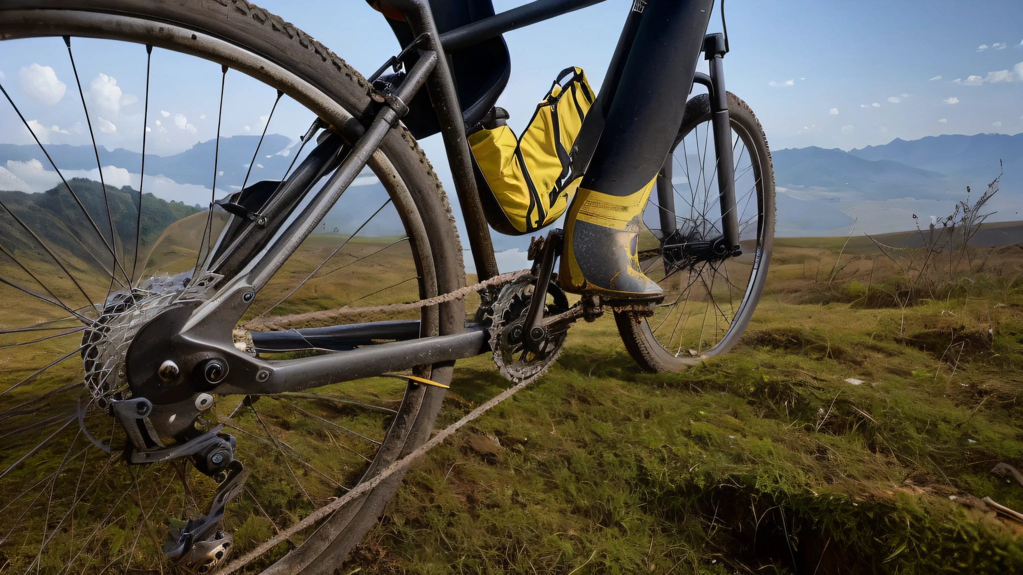 Vista aramada de uma pessoa andando de bicicleta em uma colina gramada, detalhes robustos, tiro de perto do meio, close up disparou um acidentado, tiro detalhado pernas-up, close - tiro para cima, Foto em close-up, Detalhe perfeito, tiro de close-up, thick cables on the floor, Directed by: Dietmar Damerau, foto mid shot, tiro largo detalhado, tiro de close up