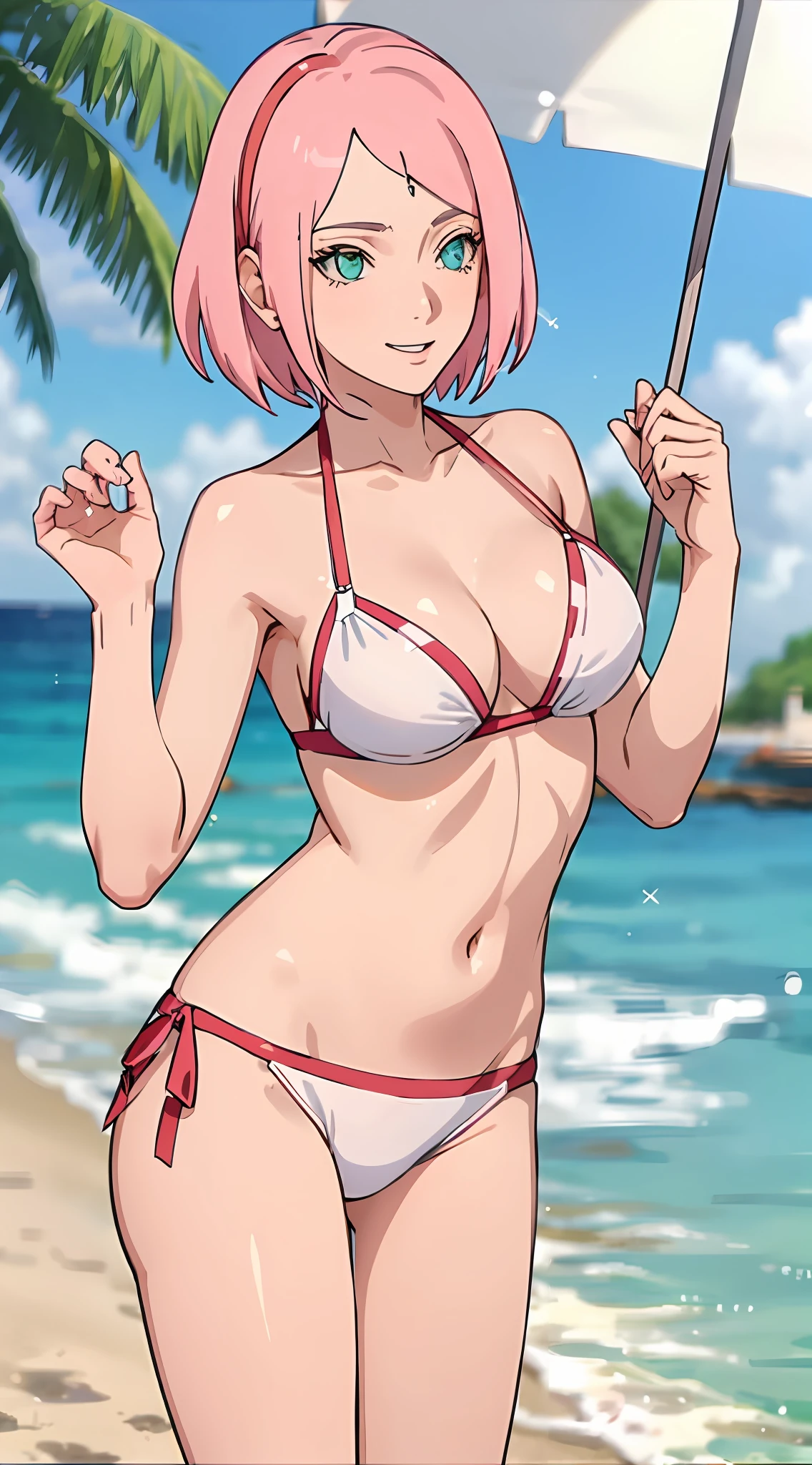 Haruno sakura, short hair, medium breast, cleavage, navel, slim legs, pink hair, happy, white side tie bikini, bokeh, beach, sunny day, sparkling eyes, beautiful eyes