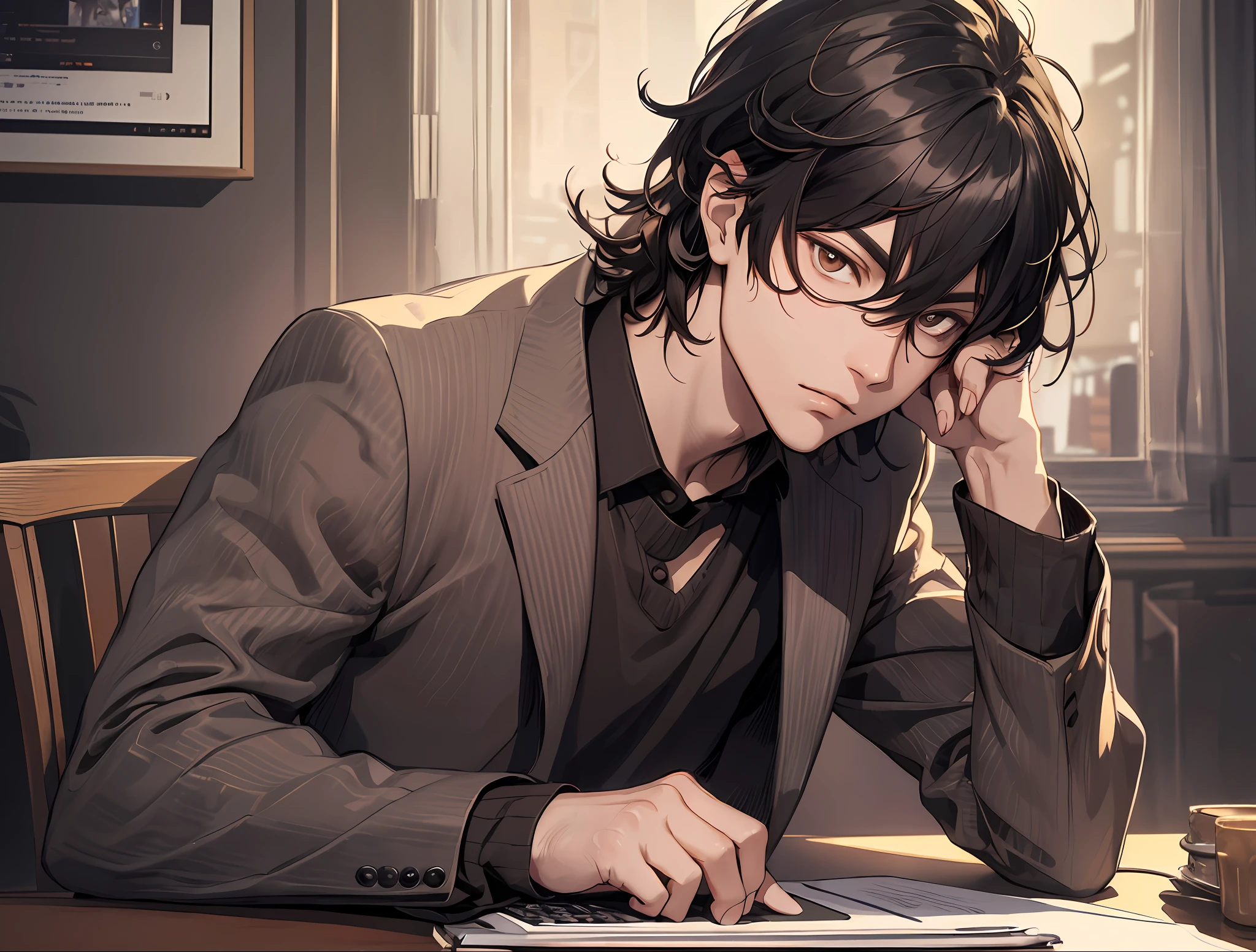 (tmasterpiece, Young guy, black hair, brown eye, Focused gaze, sitting at a table, computer, Dark background, twilight)