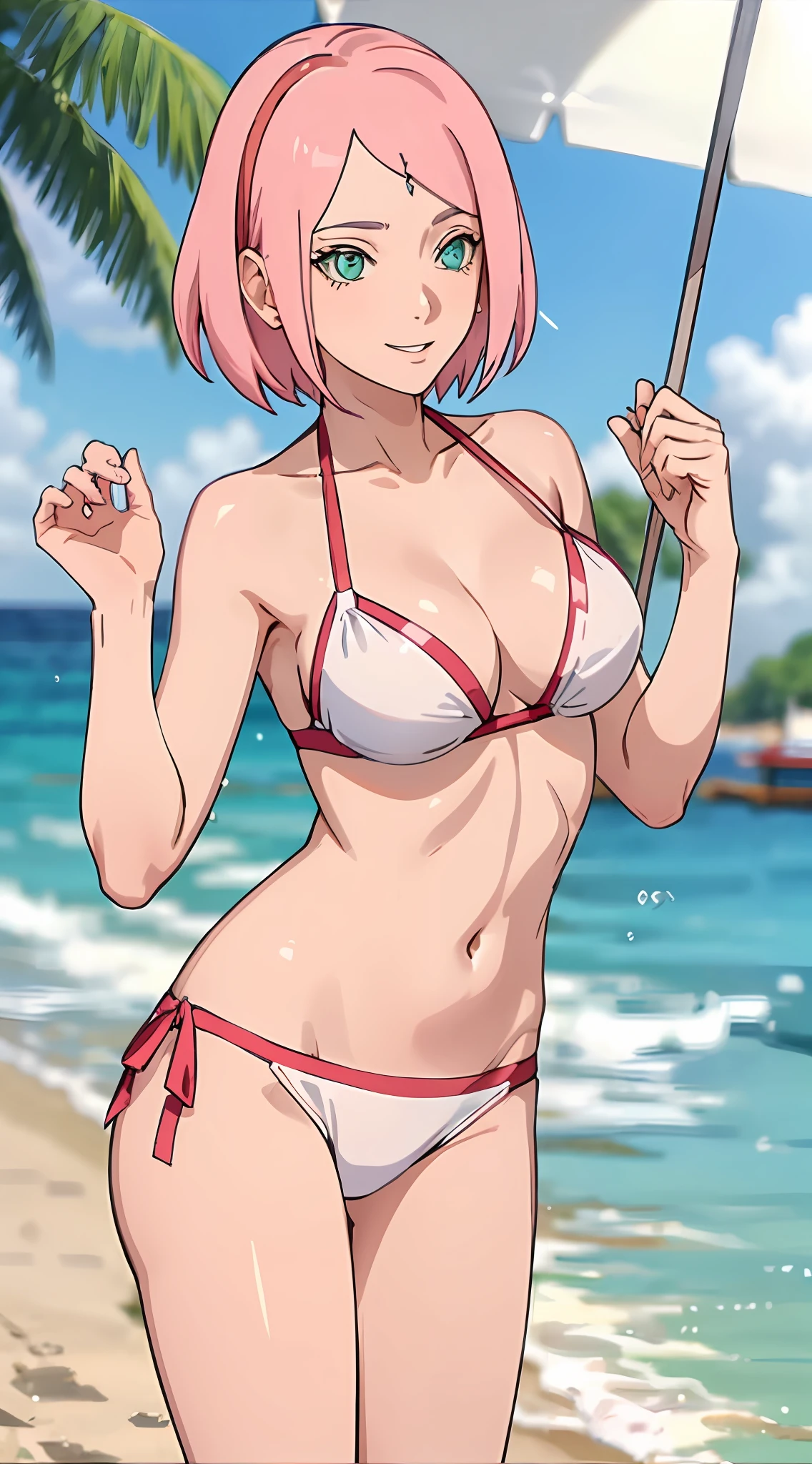 Haruno sakura, short hair, medium breast, cleavage, navel, slim legs, pink hair, happy, white side tie bikini, bokeh, beach, sunny day, sparkling eyes, beautiful eyes