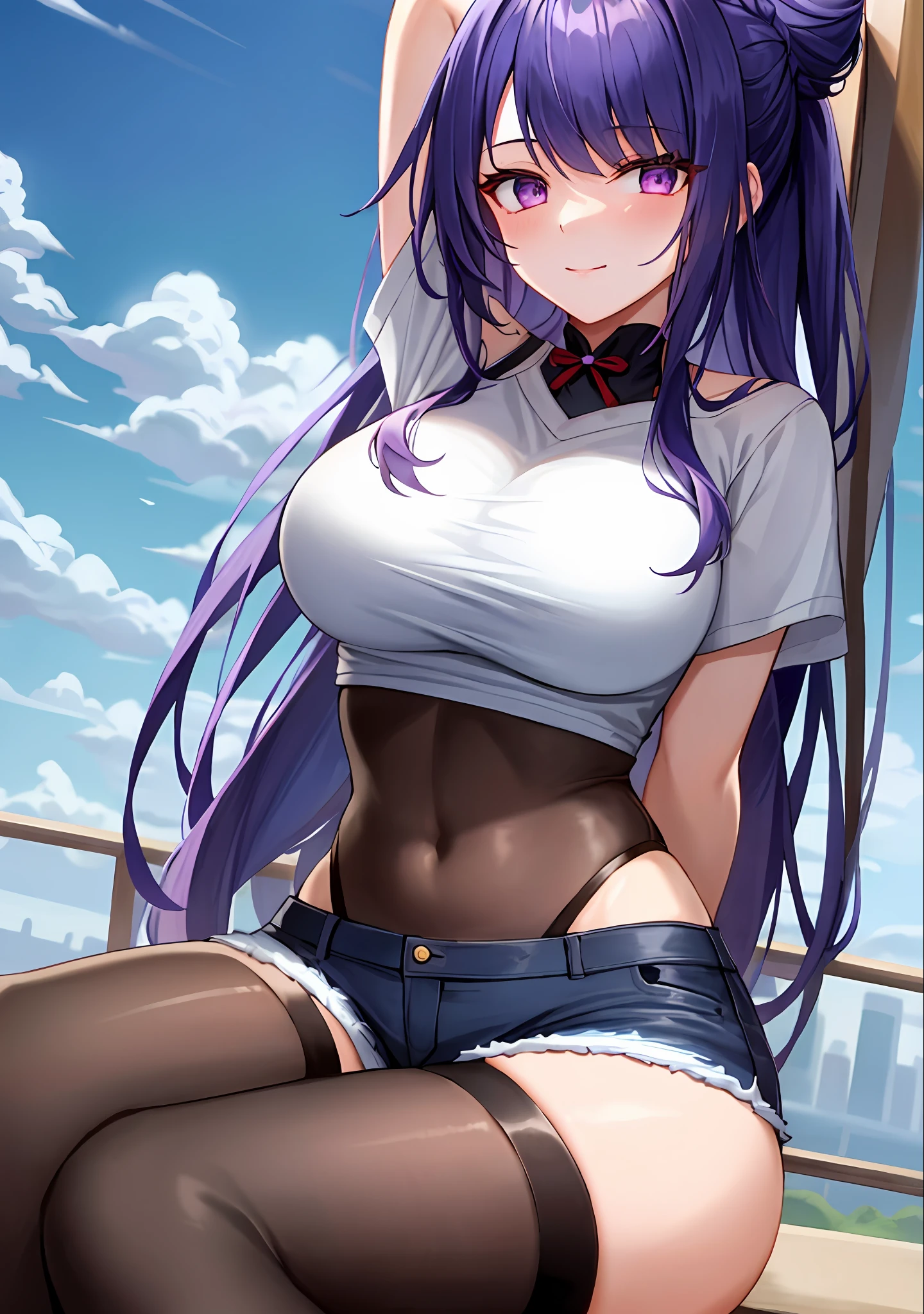 (masterpiece, best quality, ultra-detailed), Raiden shogun \(genshin impact\), (purple hair), cone hair bun, twin tails, long hair, swept bangs, braid, braided bangs, purple eyes, pink eyes,
(wearing a t-shirt:1.2), sitting on a chair outside of caf, embracing the natural beauty, sunlight, beautiful cloudy sky, city, street, denim shorts, black stocking,
medium breasts, thick thighs, critical angle, cowboy shot, arm behind head, arm behind back, armpits, light smile, crop top, strong and seductive expressions,,