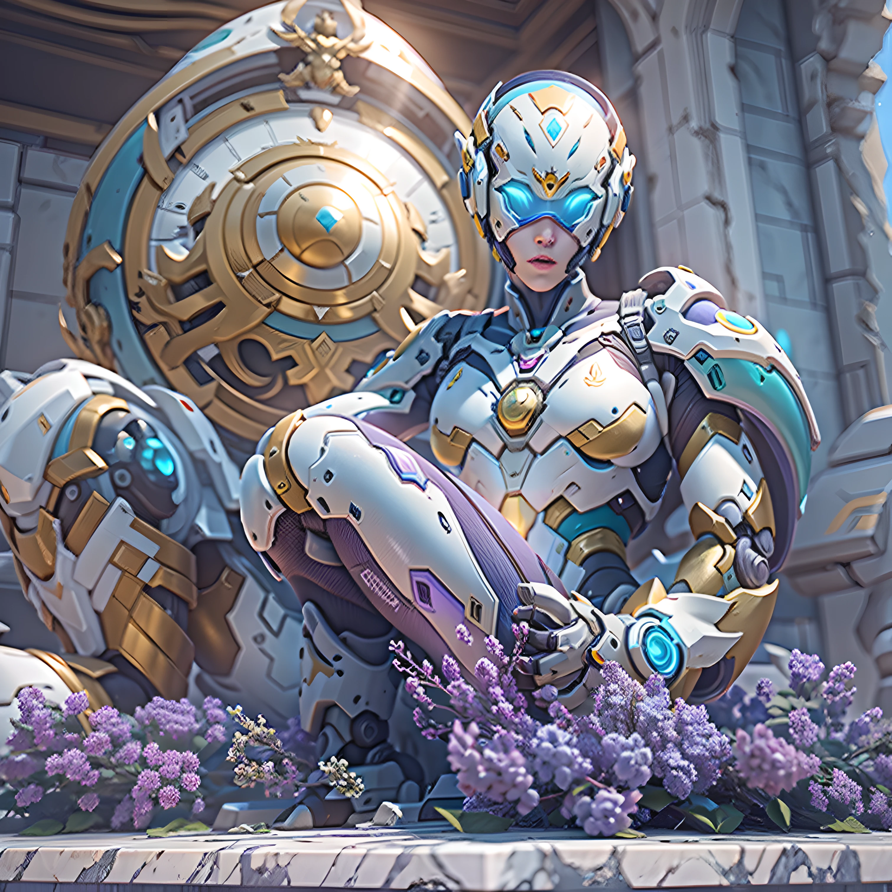 marble, lilac, sea blue, daylight, beautiful, slab, marble pattern, gold deposit, violet, pristine white , statue , overwatch , futuristic , robots , zenyatta overwatch . surreal , extreme detail , 8k , ultra HD , extreme detail , hyper realistic , Overwatch animated shorts , beautiful scenary.