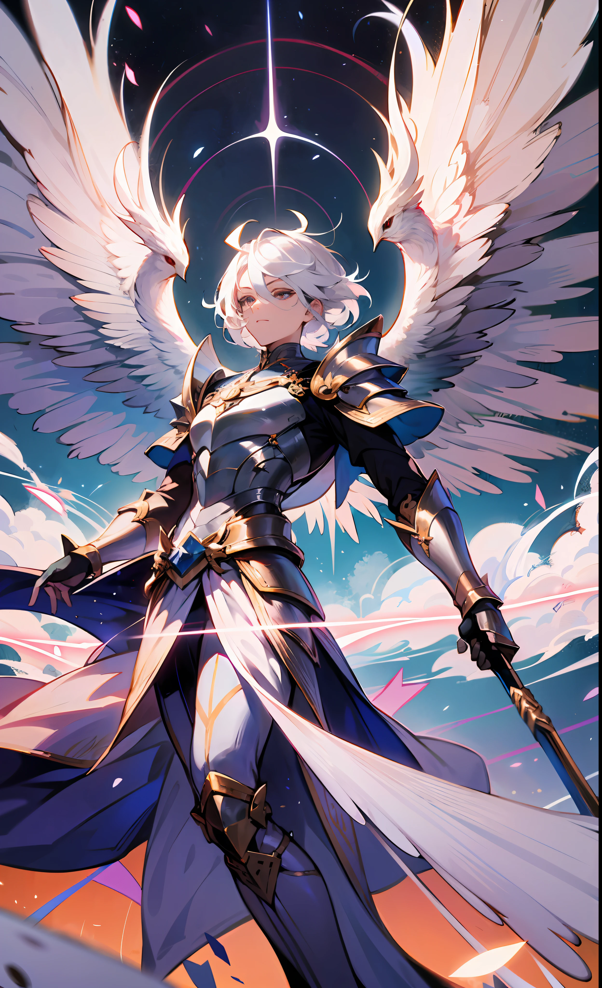 ((A majestic male god)) with ((four magnificent wings)), short white hair, elegantly shooting an magic arrow from his God bow, adorned in a shining white adamantium scale armor. He soars through the boundless sky, capturing a mesmerizing full-body shot of this celestial seraphim.