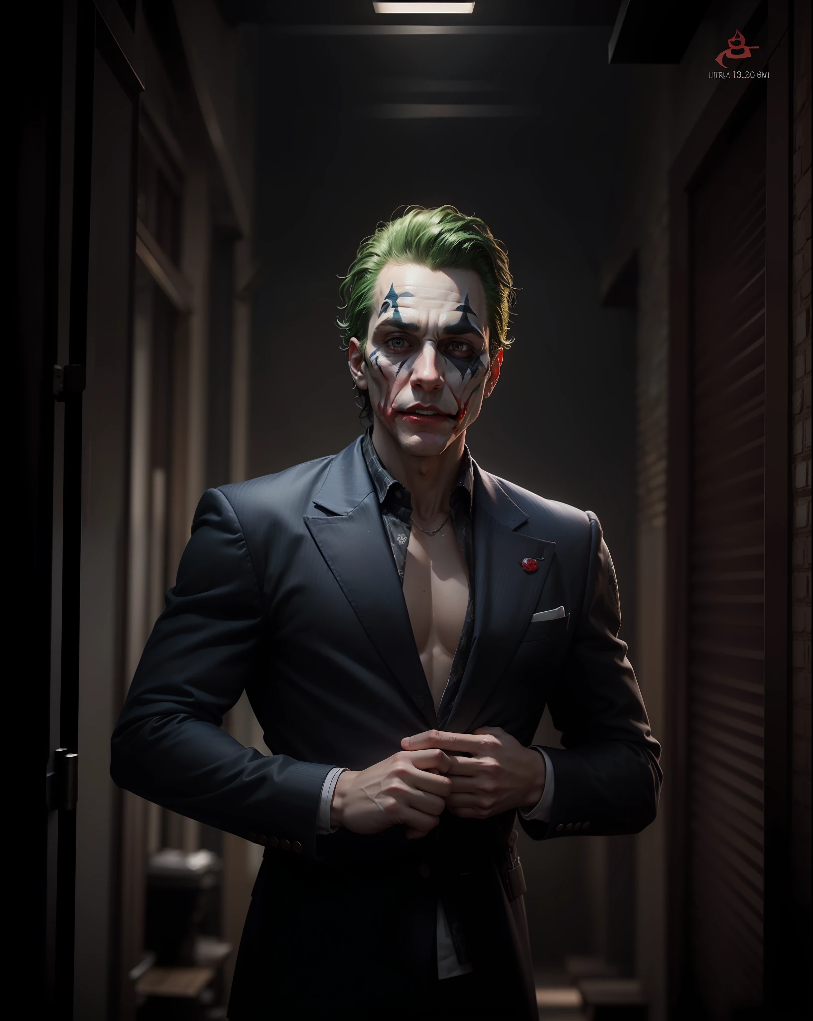 (8k, RAW photo, best quality, masterpiece:1.2), ultra detailed, official art, photo-realistic:1.37, upper body shot, DC Joker, film grain, action pose