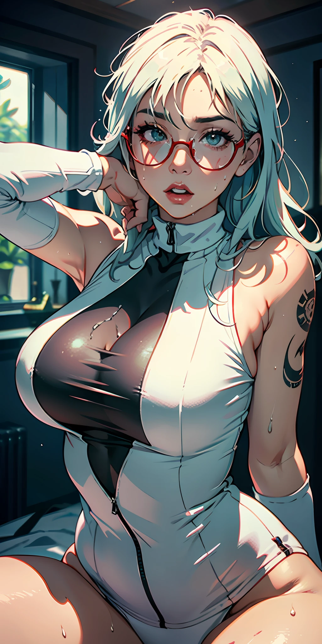 one-girl,circle glasses,Tattooed with, One-piece turtleneck white sleeveless sweater, Long white cotton socks, The lips are slightly open, Red-faced, Wet hair,Sweat all over the body,sit on a bed, crisp breasts, Convex buttocks, Grab your chest with both hands,Detailed background, Clothing details, perfectly proportioned, Multiple perspectives,filmgrain, Fuji colors, lightand shade contrast, tmasterpiece, high detal, high qulity, A high resolution, Cinematic lighting, 8K, Textured skin, Super detail