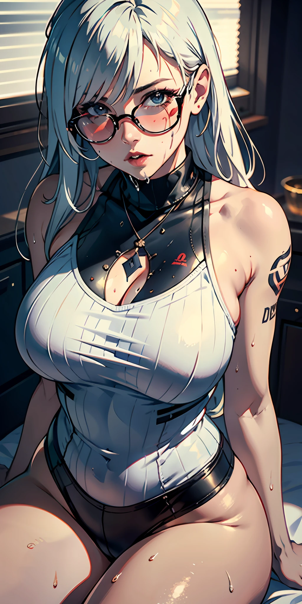one-girl,circle glasses,Tattooed with, One-piece turtleneck white sleeveless sweater, Long white cotton socks, The lips are slightly open, Red-faced, Wet hair,Sweat all over the body,sit on a bed, crisp breasts, Convex buttocks, Grab your chest with both hands,Detailed background, Clothing details, perfectly proportioned, Multiple perspectives,filmgrain, Fuji colors, lightand shade contrast, tmasterpiece, high detal, high qulity, A high resolution, Cinematic lighting, 8K, Textured skin, Super detail