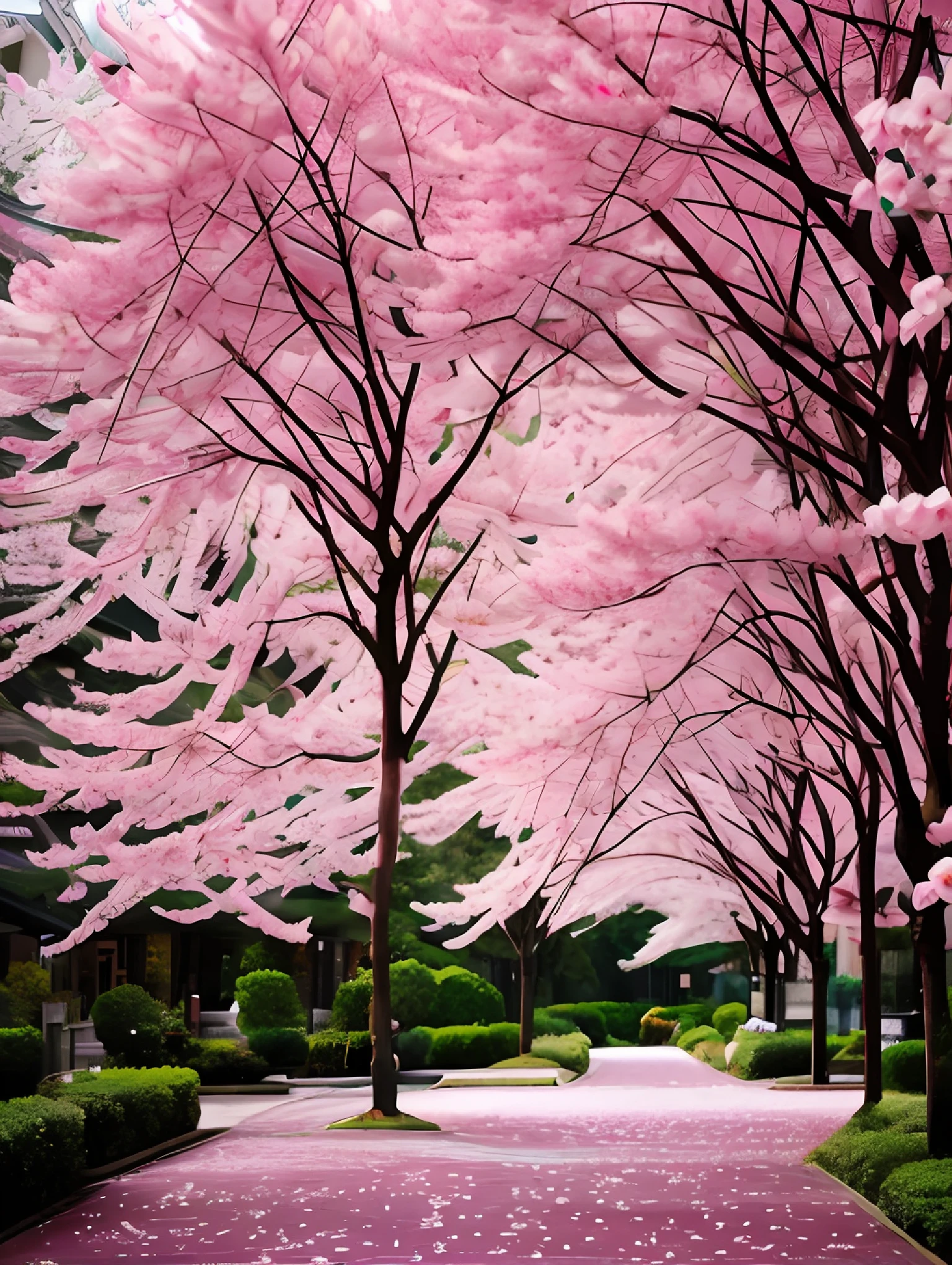 a close up of a street with pink flowers on the ground, cherry blossom trees, cherry blossom forest, sakura trees, lush sakura trees, pink trees, cherry blosom trees, cherry trees, beautiful trees, cherry blossom petals, cherry-blossom-tree, cherry blossom tree, breath - taking beautiful trees, breath-taking beautiful trees, blossoming path to heaven