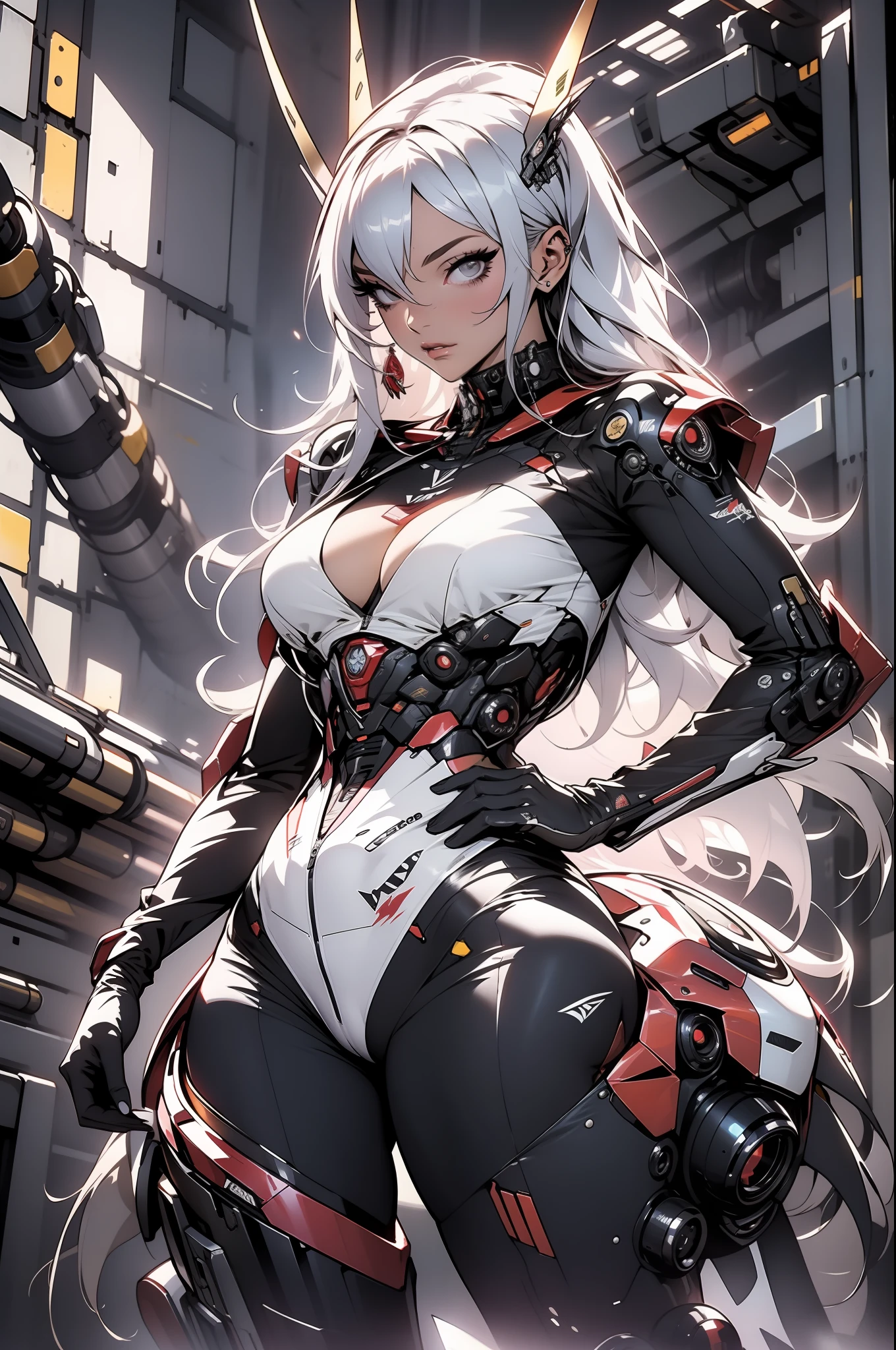 Uma mulher adulta poderosa em seu traje mecha mega detalhado, armamento pesado, viseira cyberpunk, grafismos hi-tech por todo o traje, melhor qualidade, obra prima, pose sexy, corpo perfeito