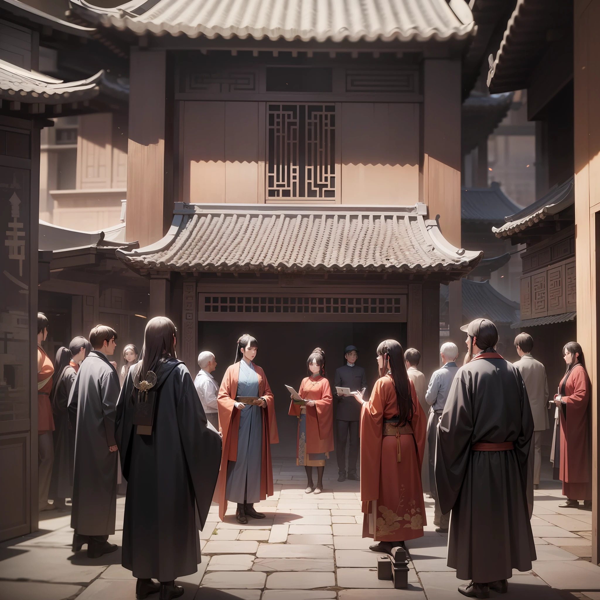 Ancient architecture of the Tang Dynasty in China,A group of people gathered around and looked ahead,is shocked,Long mouth,ancientry,4K,Masterpiece of the best quality,High quality High resolution