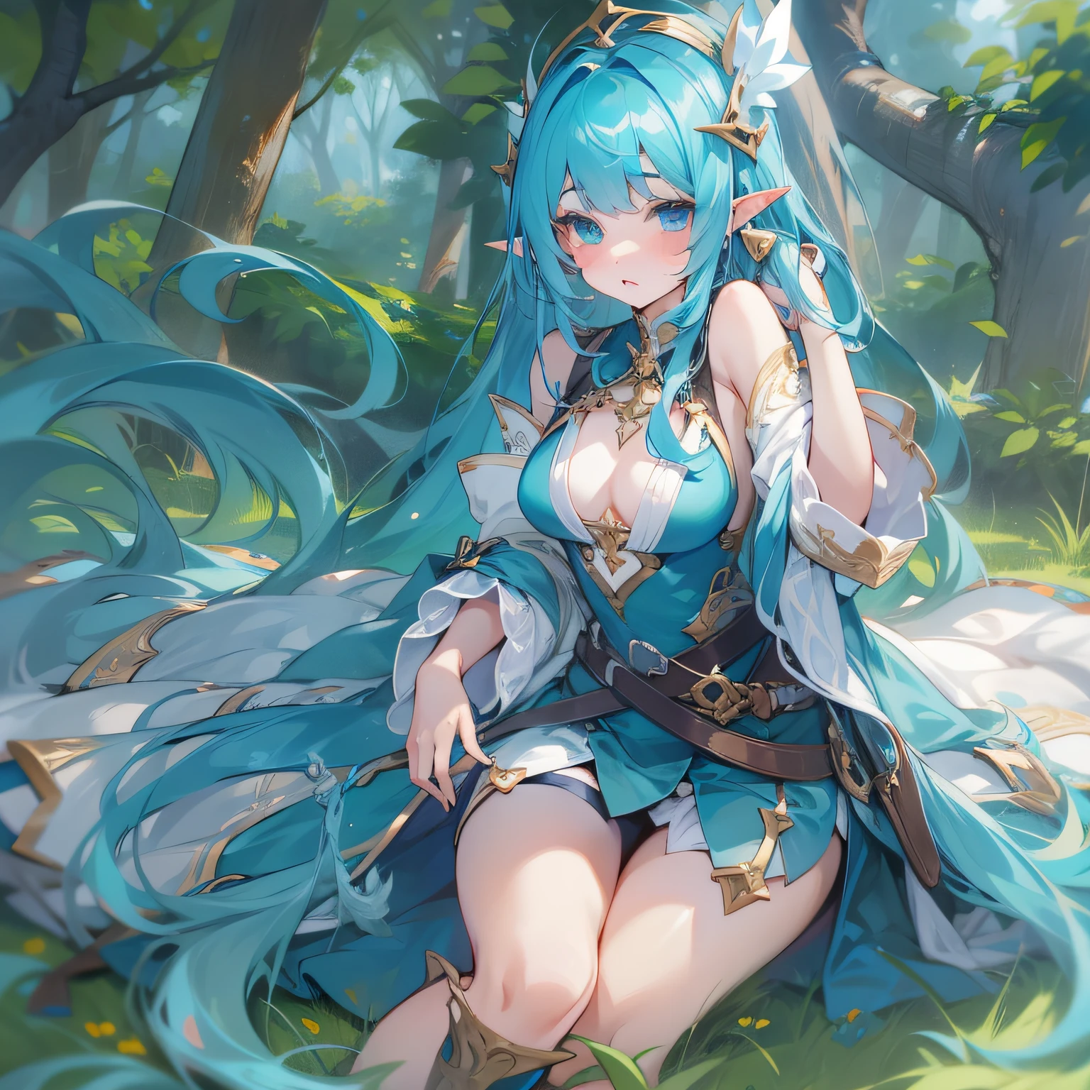 girl, blue haired, elf ears, cute, long hair, revealing clothes