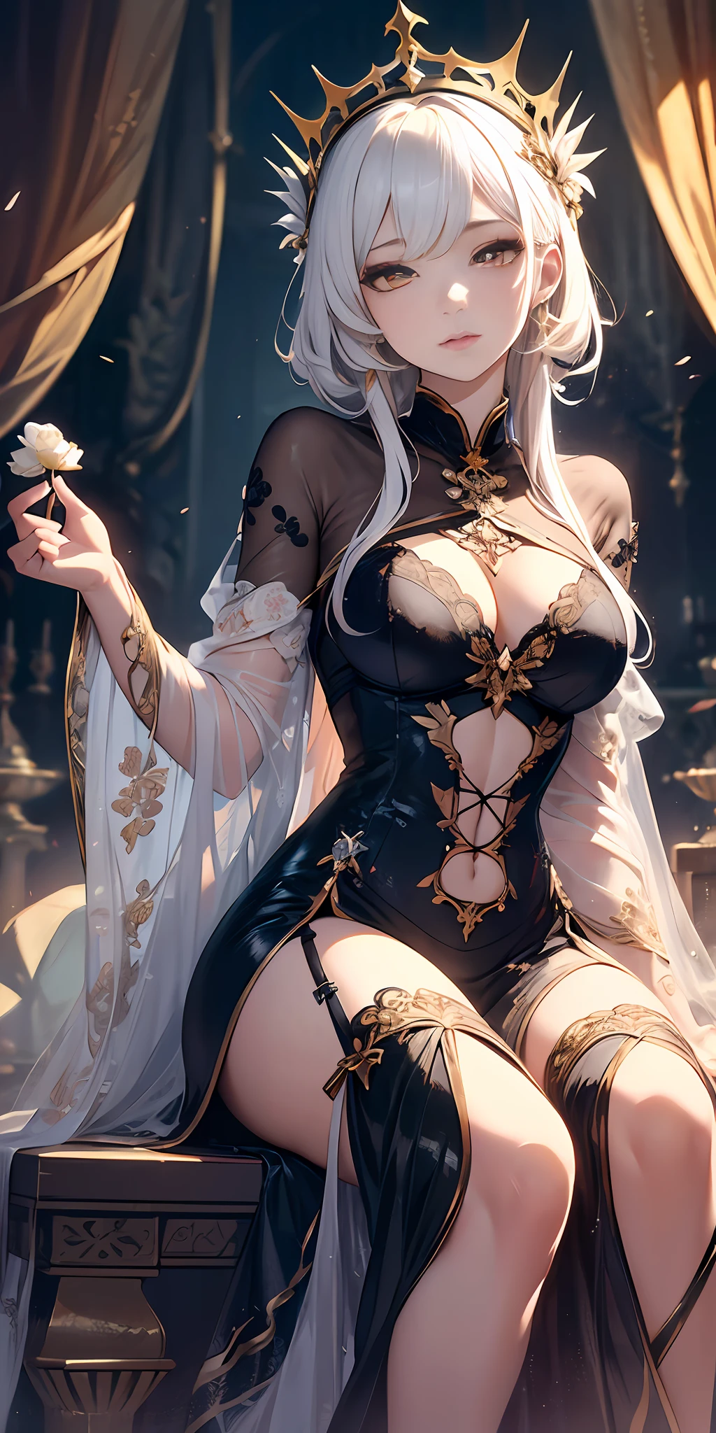 (Masterpiece:1.2), Best quality, (illustration:1.2), (Ultra-detailed), 超详细信息, (细腻细致), (Intricate details), (Cinematic light, 最优质的背光), 清晰的线条, From below, solo female, Perfect body, (1girll), White hair, glowing bright yellow eyes, (Emperor, black see-through clothes),(crown:1.1), seated on a throne, Eyes slightly closed, looking-down, Turning Head, ( Shy:1.2), ((Makeup)), High contrast, (Best illumination, An extremely delicate and beautiful), ((Cinematic light)), Colorful,