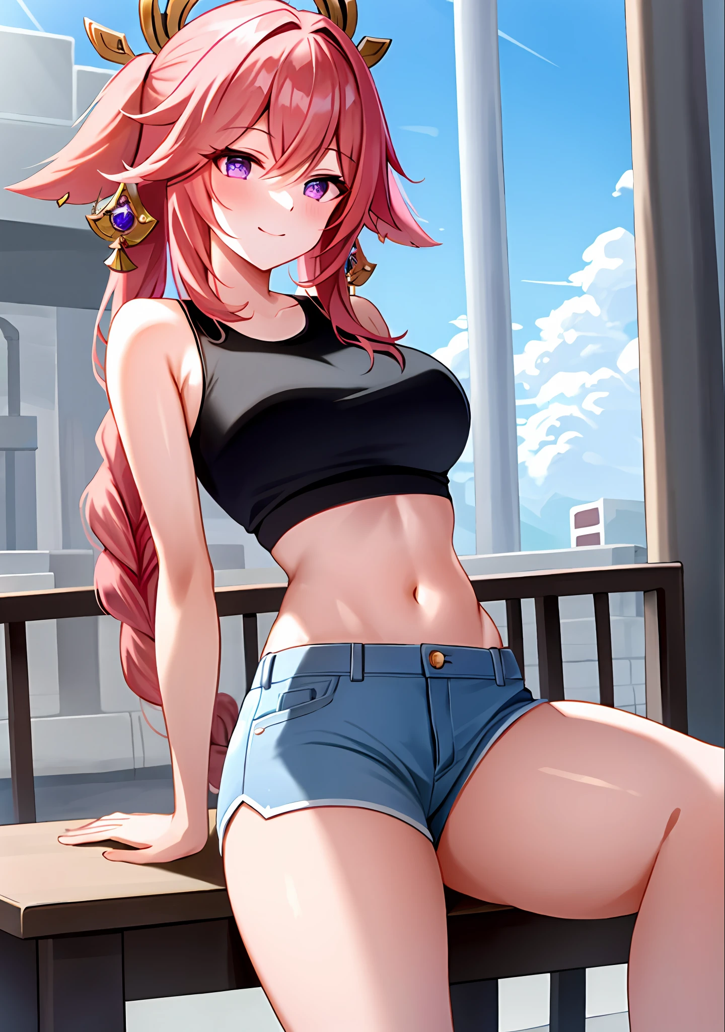 (masterpiece, best quality, ultra-detailed), yae miko \(genshin impact\), (pink hair), cone hair bun, twin tails, long hair, swept bangs, braid, braided bangs, purple eyes, pink eyes,
(wearing a t-shirt:1.2), sitting on a chair outside of caf, embracing the natural beauty, sunlight, beautiful cloudy sky, city, street, denim shorts, black stocking,
medium breasts, thick thighs, critical angle, cowboy shot, arm behind head, arm behind back, armpits, light smile, crop top, strong and seductive expressions,,