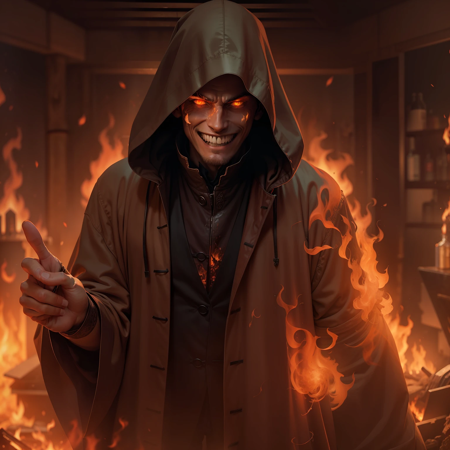 a mysterious man dressed in a rustic robe with a hood on his head, macabre smile, pointing a path inside a nightclub completely in flames, engulfed by fire