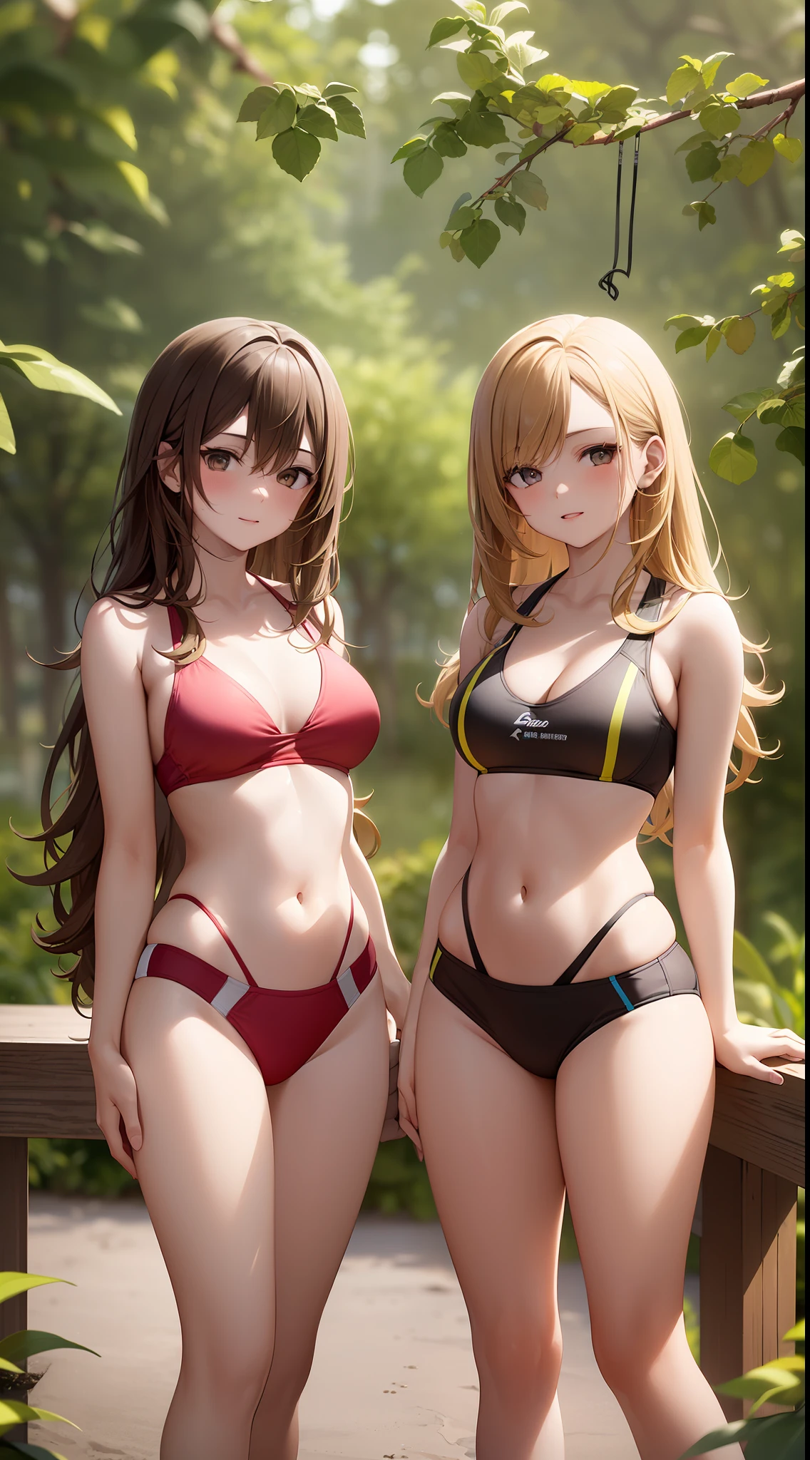 2girls, duo, twin sisters, teenagers, ((one brown haired girl, one blonde girl)), long hair, brown hair, blonde hair, curly hair, hazel eyes, looking at viewer, matching hairstyles, different hair colors, (((matching outfits, identical outfits, bikinis))), athletic