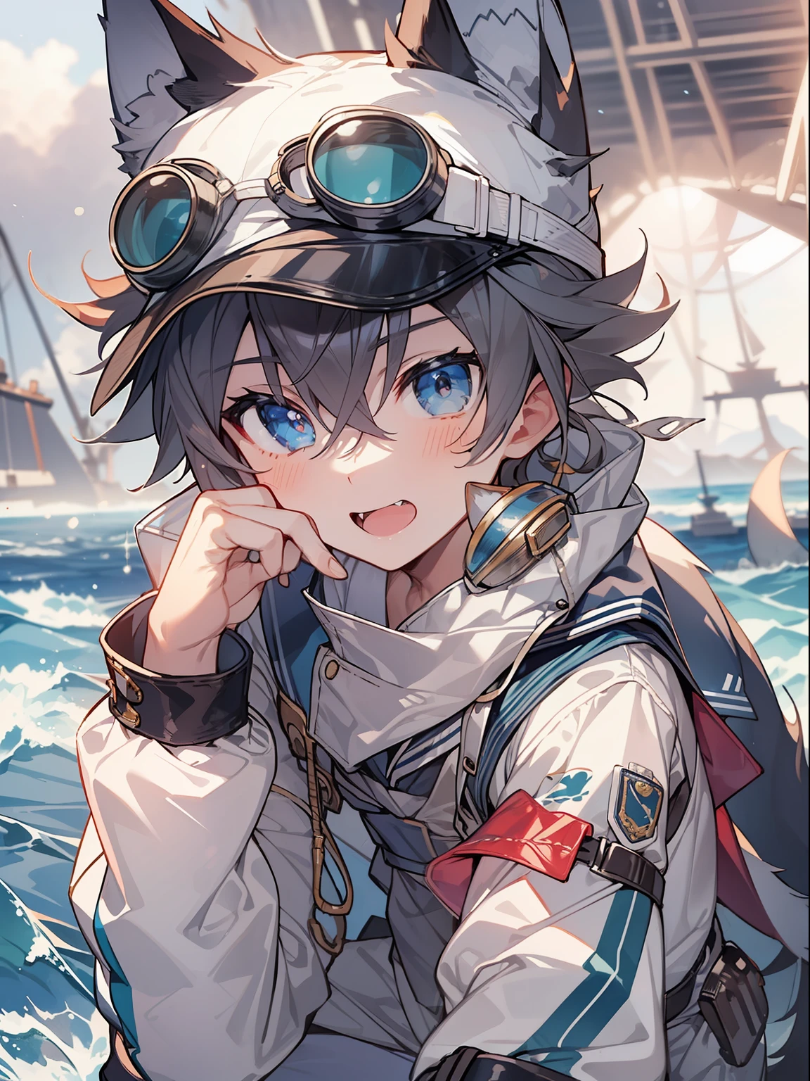 Game CG，8K quality，((younge boy))，juvenile sense，Anime male protagonist，Shining big eyes，Wolf ears，Wolf tail, (goggles)，((White sailor suit))，Fingerless gloves，(Leather booties)，Navy，entire body image，the ocean，das boot，Battle damage, Paw print pattern,