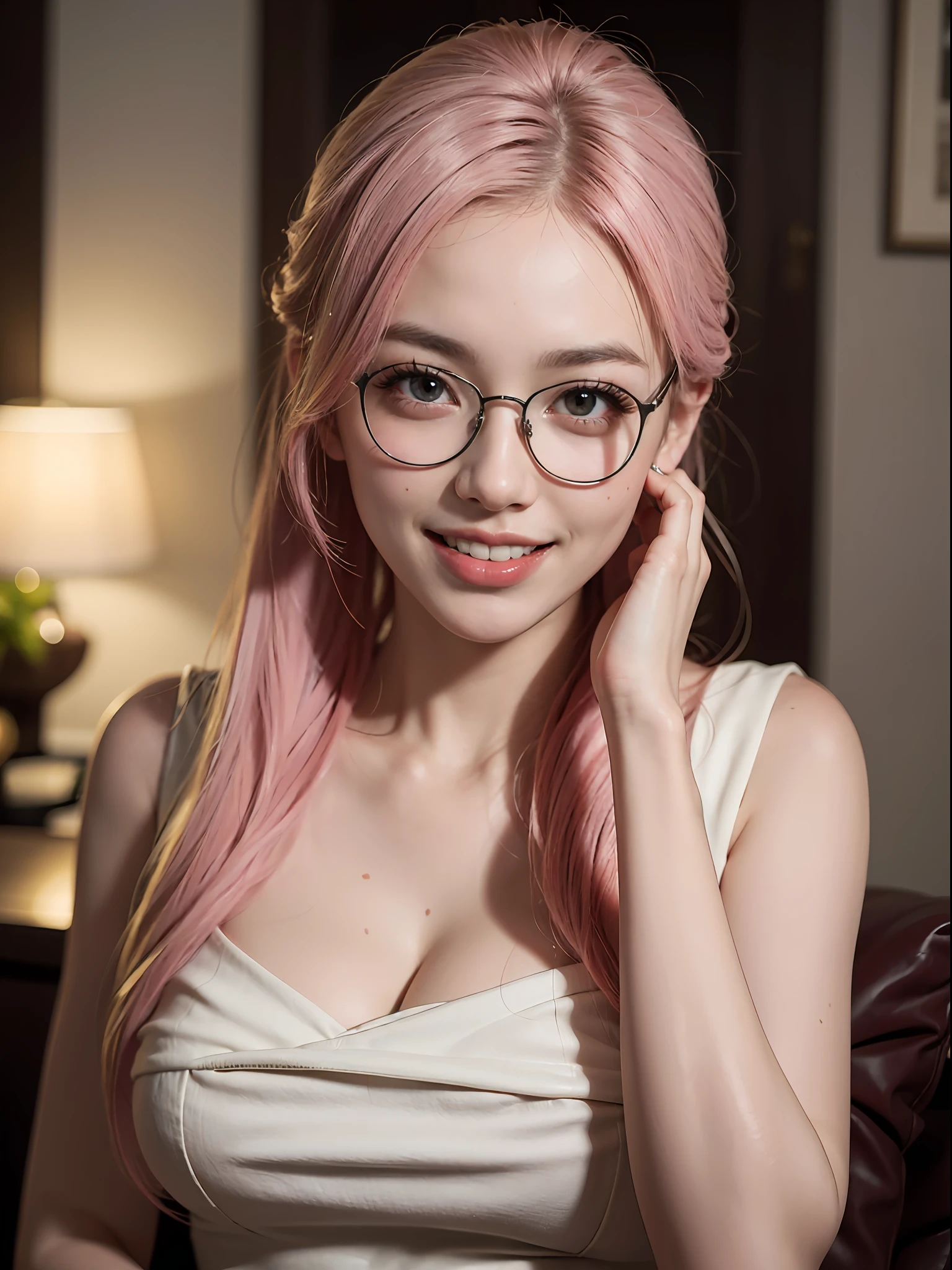 Best quality, masterpiece, ultra high res, (photorealistic:1.4), raw photo, 1girl,asean, golden hair,pink in hair tail, Formal Updo,shiny skin,oral glasses,hime hair style,cute big eyes,spa employee,(smile:1.2)