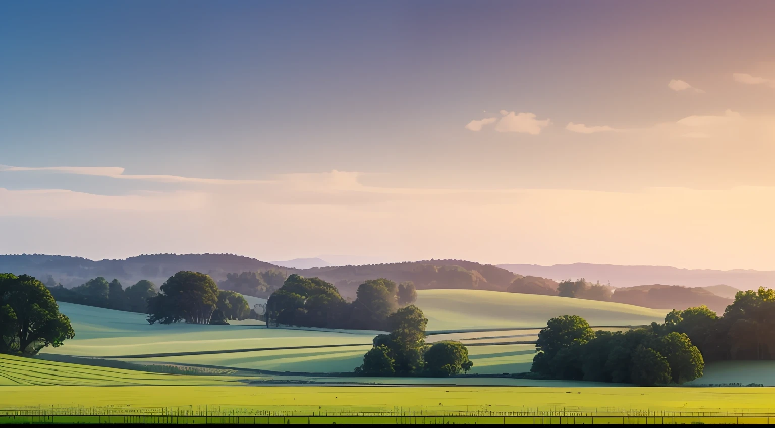 "A picturesque, dreamy countryside landscape enveloped in a gentle mist, adorned with soft pastel hues." --auto