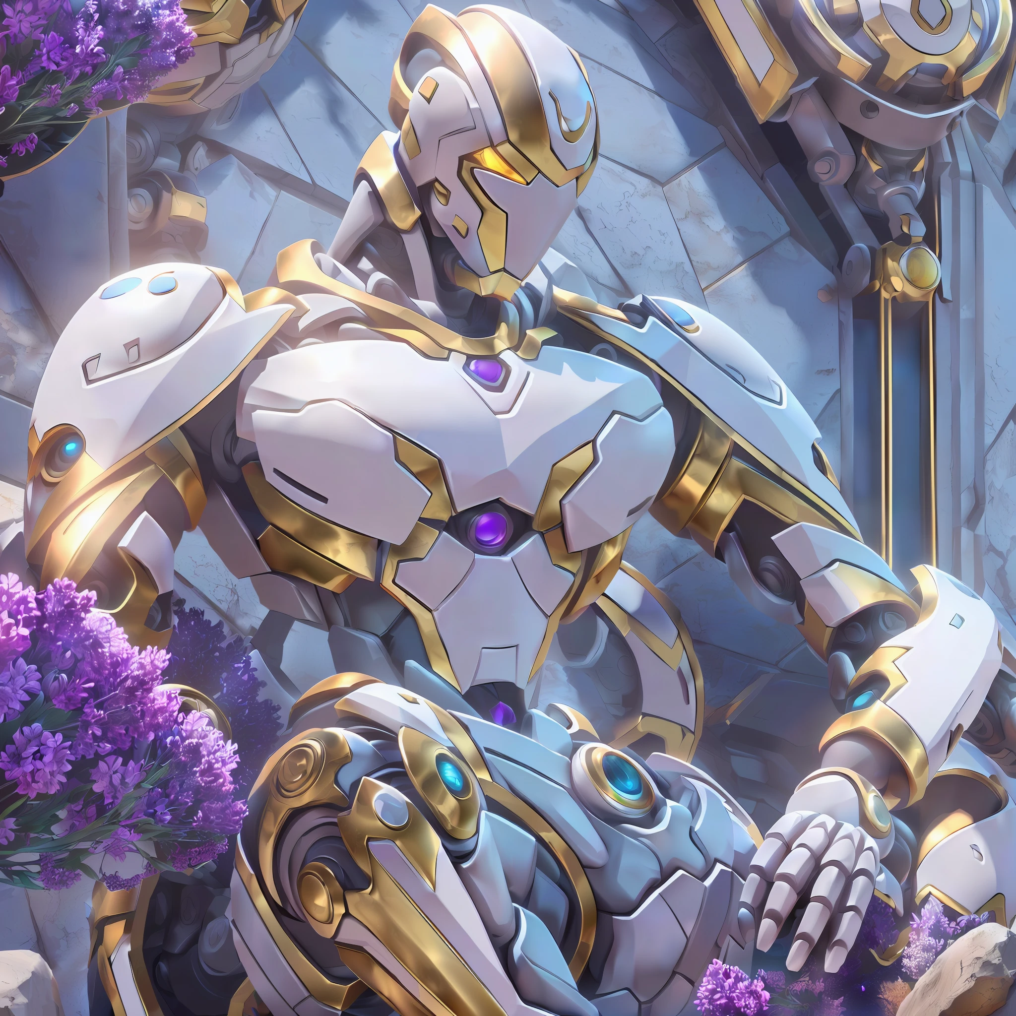marble, lilac, sea blue, daylight, beautiful, slab, marble pattern, gold deposit, violet, pristine white , statue , overwatch , futuristic , robots , zenyatta overwatch . surreal , extreme detail , 8k , ultra HD , extreme detail , hyper realistic , Overwatch animated shorts , beautiful scenary.