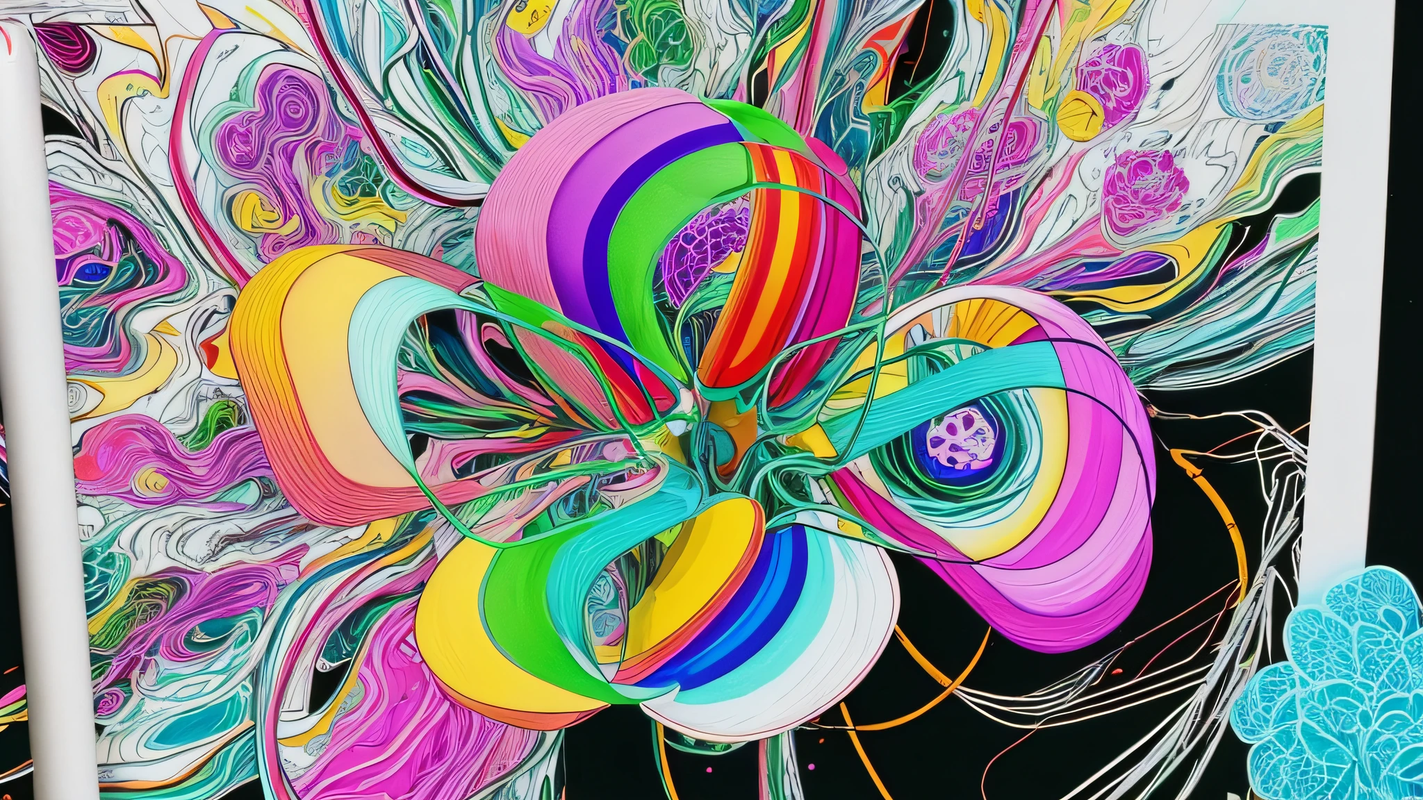 Phantom flower,Multiple doppelgangers,Colorful,Spatial transformation, fine swirling lines, complex system of order, weird scribbles, schlieren flow visualisation, is being drawn into a blackhole,, string theory, , lots of swirling, thick looping wires