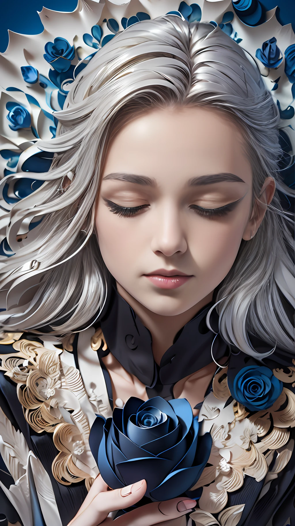 realistic, (best quality, masterpiece:1.3),book cover design,english text,
1girl,solo, silver hair, bright pupils, hair slicked back, long hair, black shirt, expressionless, closed eyes,
abstract background, flower, blue rose, fantasy,
paperCut