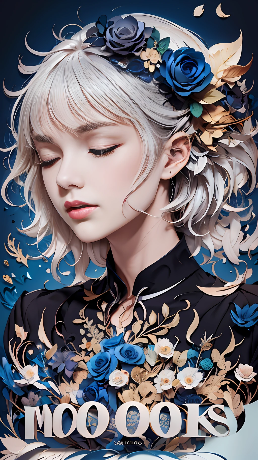 realistic, (best quality, masterpiece:1.3),book cover design,english text,
1girl,solo, silver hair, bright pupils, hair slicked back, long hair, black shirt, expressionless, closed eyes,
abstract background, flower, blue rose, fantasy,
paperCut