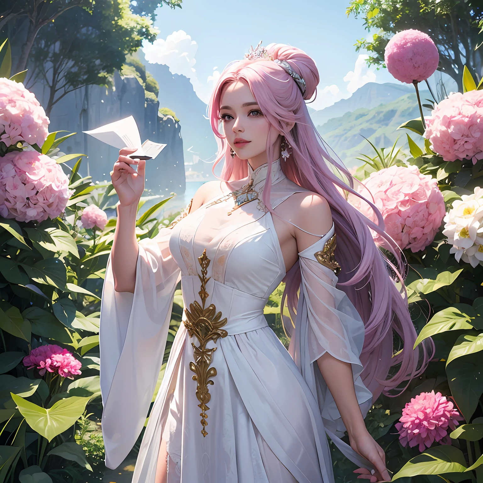 obra-prima, melhor qualidade, (papel de parede CG unity 8k extremamente detalhado), (melhor qualidade), (best illustration), (melhor sombra), absurdos, 1 mulher linda, encantadora, provocante, vestido branco com detalhes dourados, roupa grega, vestido grego, Deusa, Deusa Antiga, Afrodite, divindade, cabelo grande, cabelo cacheado, pele de porcelana, detalhes em dourada, flores, dreamy and romantic compositions, pale pink, ethereal foliage, playful arrangements, cabelos longos, arte epica, pink smoke, pose gloriosa, lindo brilho detalhado, brilho luminoso de fundo, detalhes insano --auto