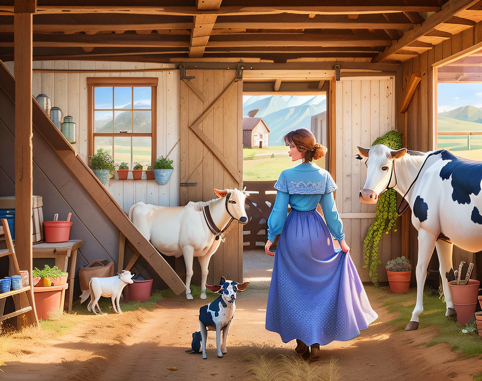 a woman in a barn with a cow and a dog, by Don Reichert, darrell k sweet, inspired by Terry Redlin, by Rob Alexander, in the early morning, by Harold Sandys Williamson, afternoon time, by Wayne England, inspired by Don Reichert, by Carol Bove, summer morning, sunday afternoon, full color illustration