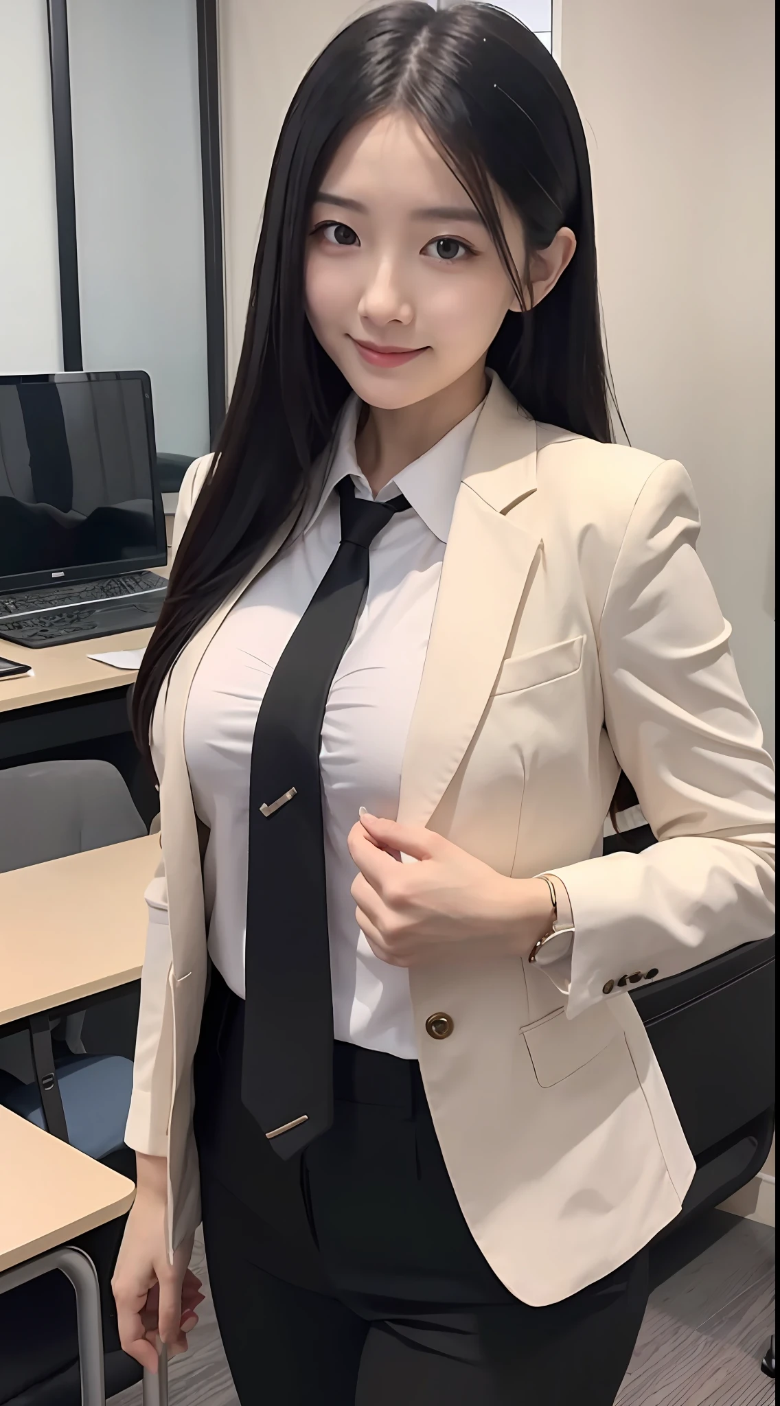 best qualtiy，8K，32K，tmasterpiece，1girll，Beutiful women，a narrow waist，Business suit，Open jacket，office  lady，Business suit，trouser，Light-colored shirt，office room，Office desk，Exquisite facial features，GG，详细的脸，Jet-black and shiny hair，ssmile，Royal sister type，