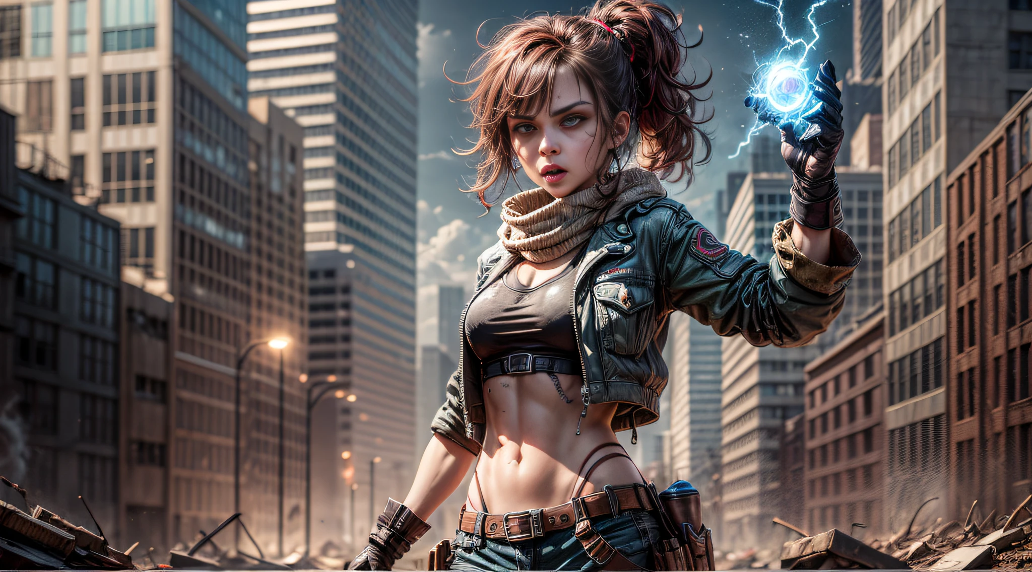 In a post-apocalyptic wasteland., A brave wasteless punk girl stands up to the chaotic world around her.. The camera zooms in on the girl., Capture the fierce expression and determination in her eyes.. Her clothes., A combination of durable clothing and recycled materials., It tells a story of cunning and adaptation.. As the zoom progresses, Focus shifted to her gloved hand., Hold the modified energy weapon firmly., Show her fighting abilities.. This prompt occurs in digital drawing format., Combining rough textures and bright colors to create a distinctive character performance..