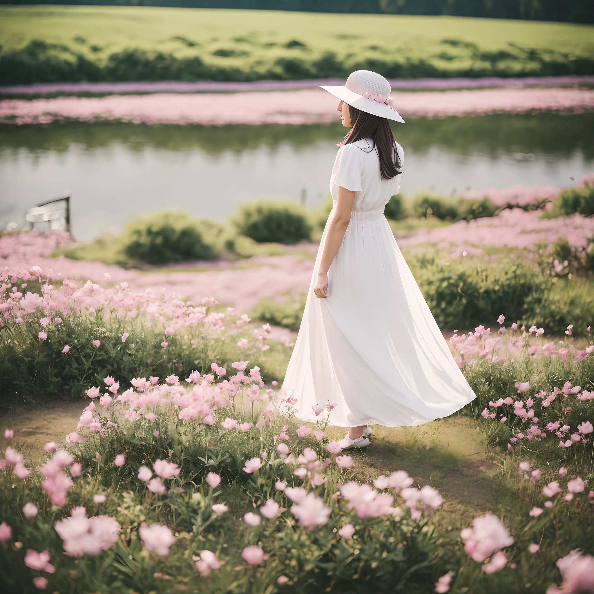 photography of A mature woman, dressed in a milky white dress and gray hat, stood gracefully, with many small pink flowers on the grass. She turned to her side and looked into the distance, gazing at a river in the distance,, symmetrical the composition, profle, Quixel Megascans Render, soft light, high detail , city, photoreal, Peony, Portrait Photography --auto
