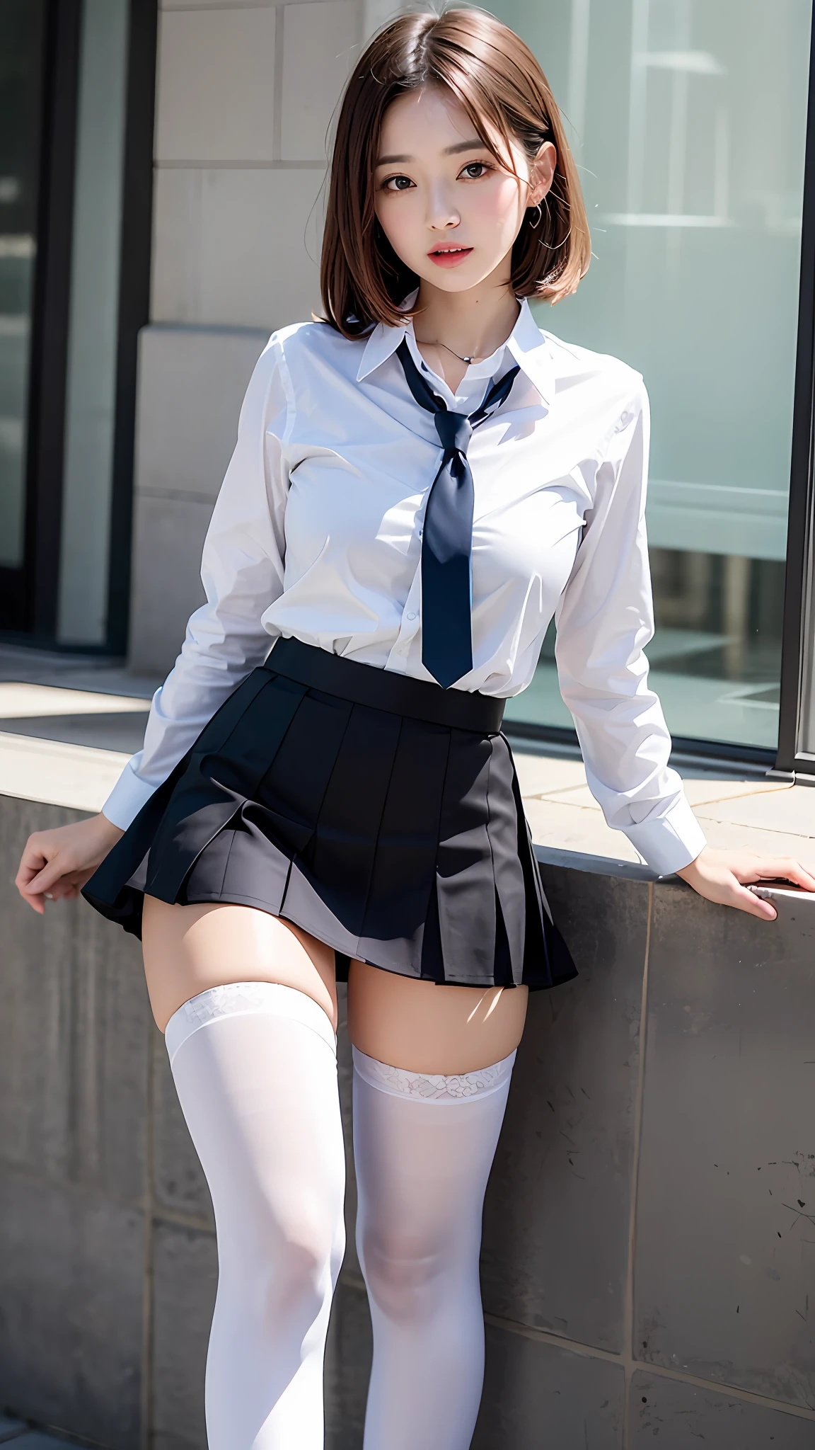 （best qualtiy，4K，tmasterpiece：1.2），Pretty women，1girll，Raised sexy：1.1，Dark yellow hair：1.1，Woman in school uniform，Soaked black school uniform，Super detailed face，Detailed lips，A detailed eye，二重まぶた，Black mini skirt white stockings，Stand up