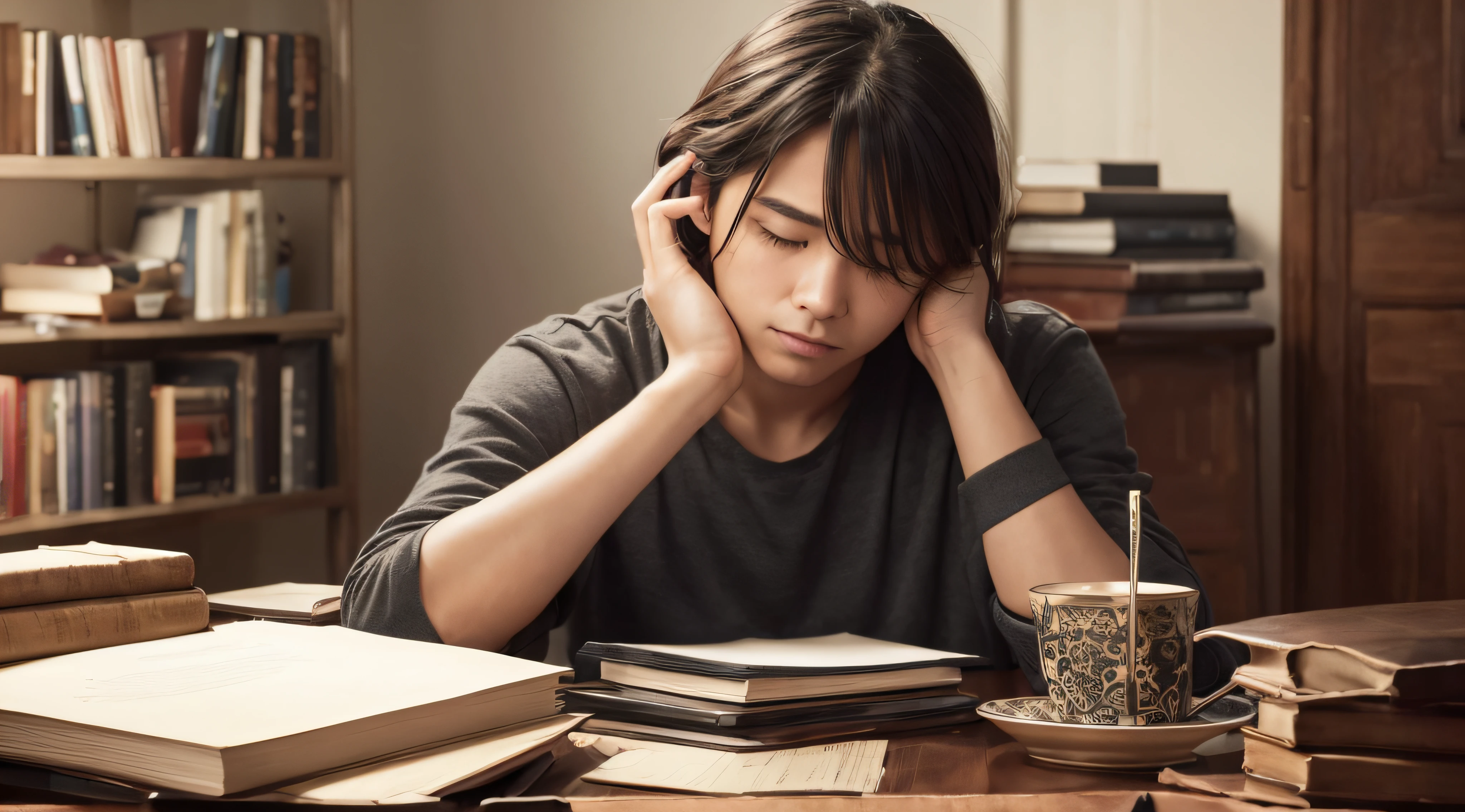 A sad person sitting in a dark room with a table in front, cluttered with various books, papers, and spoiled food. The person has their hand on their head, surrounded by darkness --auto