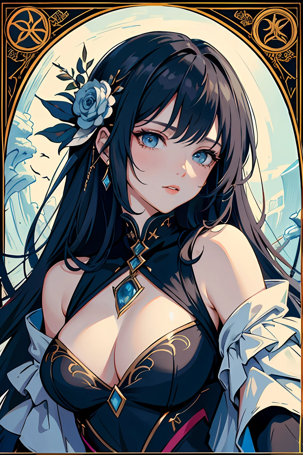 （tmasterpiece，top-quality，best qualityer，offcial art，Beauty and aesthetics：1.2），（1girll），extremy detailed，（s fractal art：1.3），Extremely colorful，highest details，Shoulders exposed，(Tarot border:1.0)， cold light