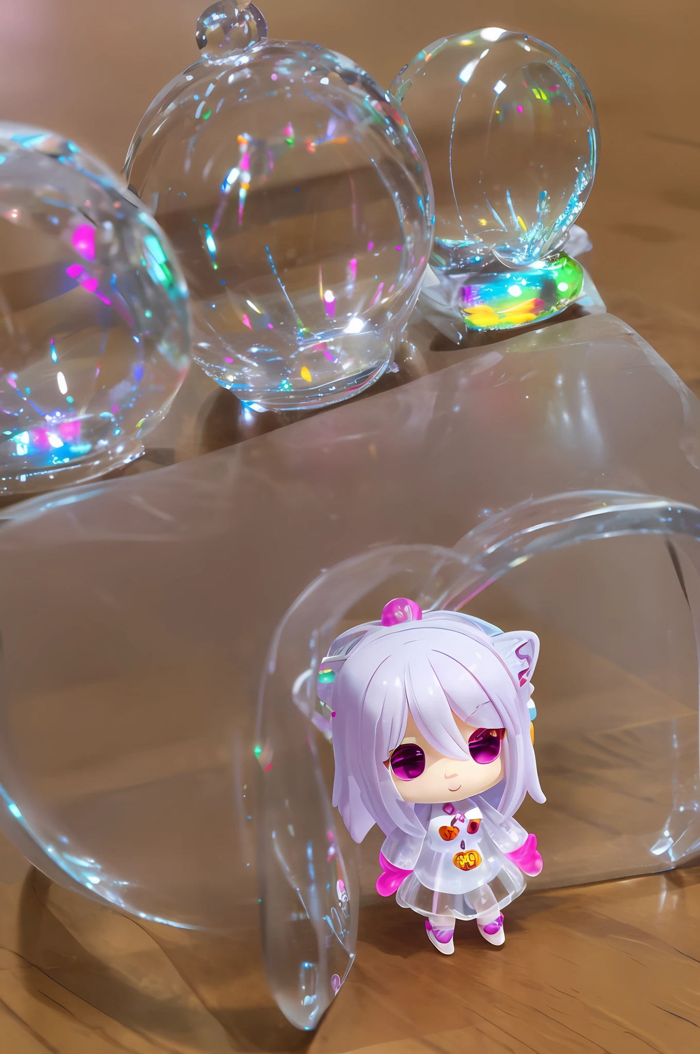 Super cute girl full body 3D image, 1pc, good eyes looking, big eyes, cute, happy, c4d, pop matt blind box, long white hair, bright bubbles, toys, solid color background, chibi, fluorescent translucency, luminous body, kawaii, doll, Reference table, blind box pop mart, Pixar, complex details, 3D rendering, mixer, OC renderer, FOL body reference sheet, Dribble, High Details, 8K, Studio Lighting, , Petite, toddler, Chibi, SD characters: 23, Magic Space Warehouse background --auto --s2