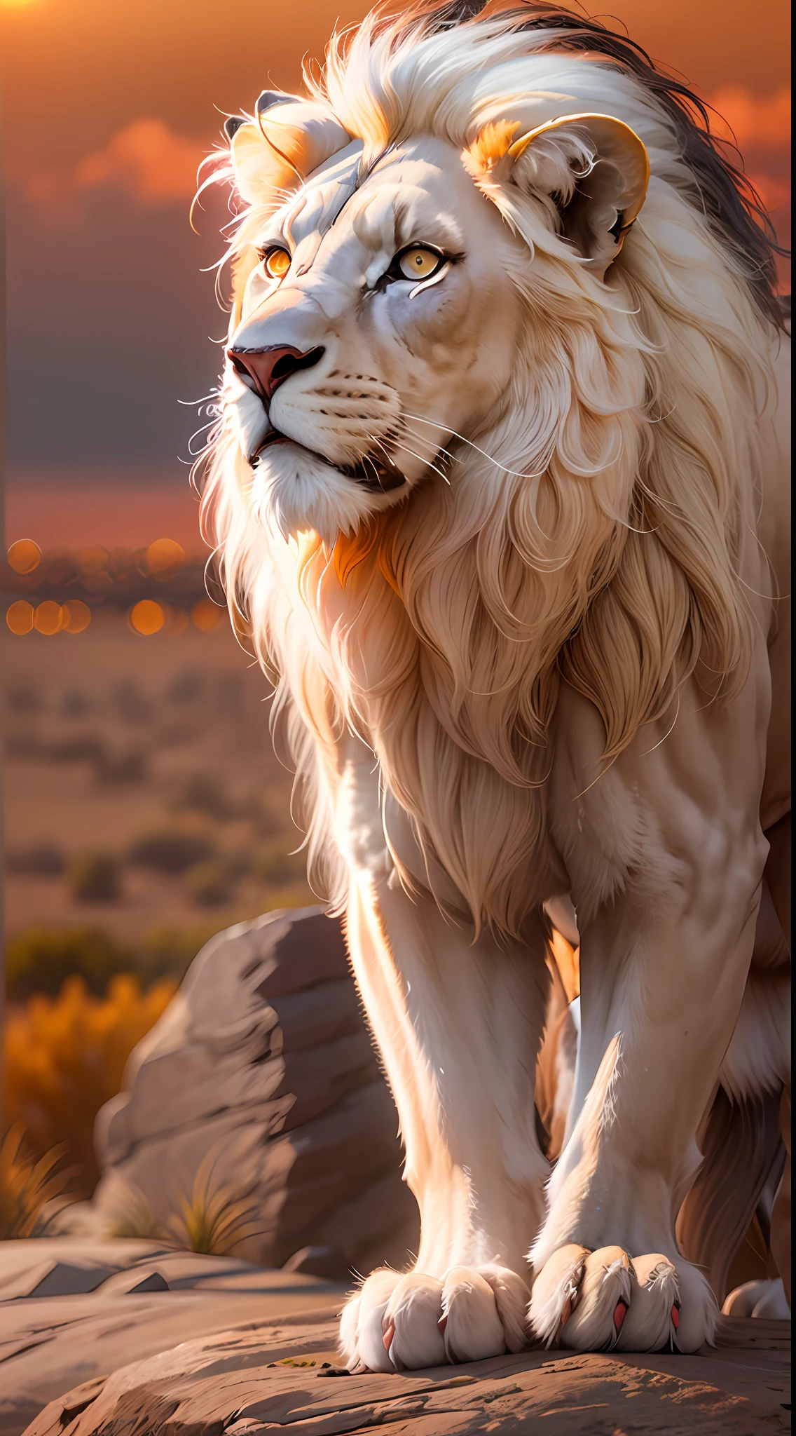 The majestic and palatial white lion，The white male lion stands on the top of a large stone mountain in the steppe and looks into the distance，Flowing white hair，（（（Face sideways：1.3））），Clean face，The setting sun dyes the sky a fiery orange and deep purple，A warm and welcoming light is cast on the African land，Ultra photo realsisim，Ultra-detailed graphics，hyper qualit，超高分辨率，8K