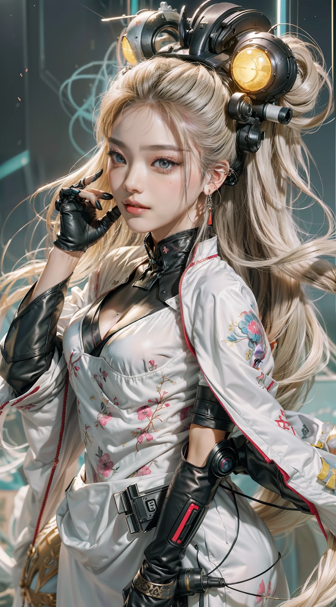 Wide shot, From above, (over distances), ((Ultra-wide angle)), (Wide-angle), Sony FE GM,Grand background,Cyberpunk China,one-girl,Crazy pose,Crazy tension,Cinematic light,Gorgeous background,Colorful background,grin,((cyber punk style,machine arm,Hologram aura,Surreal Science Fiction Art,Future Science Fiction Aesthetics)),(1 girl solo), ((full body shot shot)), (Determined eyes),(Ancient Chinese clothes,White cheongsam,Embroidered collar Uesugi,White large-sleeved shirt,Streamers),(Hairpins,cabelos preto e longos, arma),(Hanfu),(Clear facial features,detailed skin textures,beauitful face), 耳Nipple Ring,Yellow skin,(tmasterpiece,top Quority,best qualtiy),(((flatcolors))),