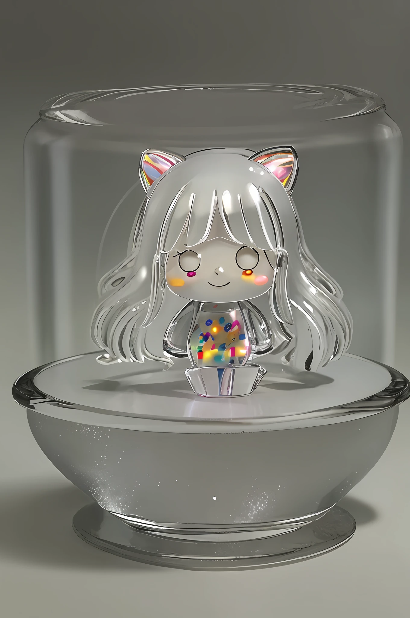 Super cute girl full body 3D image, 1pc, good eyes looking, big eyes, cute, happy, c4d, pop matt blind box, long white hair, bright bubbles, toys, solid color background, chibi, fluorescent translucency, luminous body, kawaii, doll, Reference table, blind box pop mart, Pixar, complex details, 3D rendering, mixer, OC renderer, FOL body reference sheet, Dribble, High Details,  8K, Studio Lighting, Loli, Petite, toddler, Chibi, SD characters: 23, Magic Space Warehouse background --auto --s2