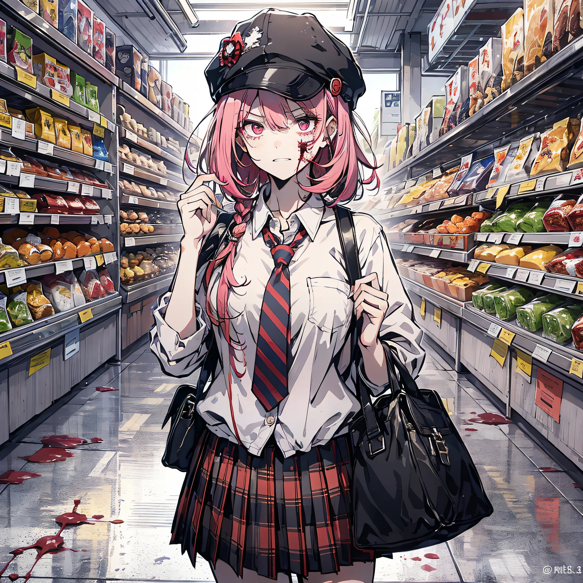 Ridiculous resolution,A high resolution,(tmasterpiece:1.4),Hyper-detailing,Pink Long Hair, 1girll, dual horsetail, Solo, red color eyes, Angry, white necktie, Pleated plaid red skirt, school uniform, Zombie role-playing,Supermarket,Take the bag(1.3),sneaky,walked,Zombie apocalypse,Zombie outbreak