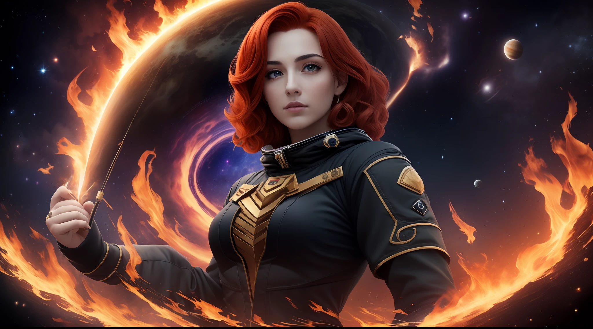 Masterpiece, a woman, embody the zodiac sign sagittarius, on a planet jupiter, with the space as a background, and fire, fully dressed in black shirt, red hair. Powerful,best quality, 8K, godly, sagittarius