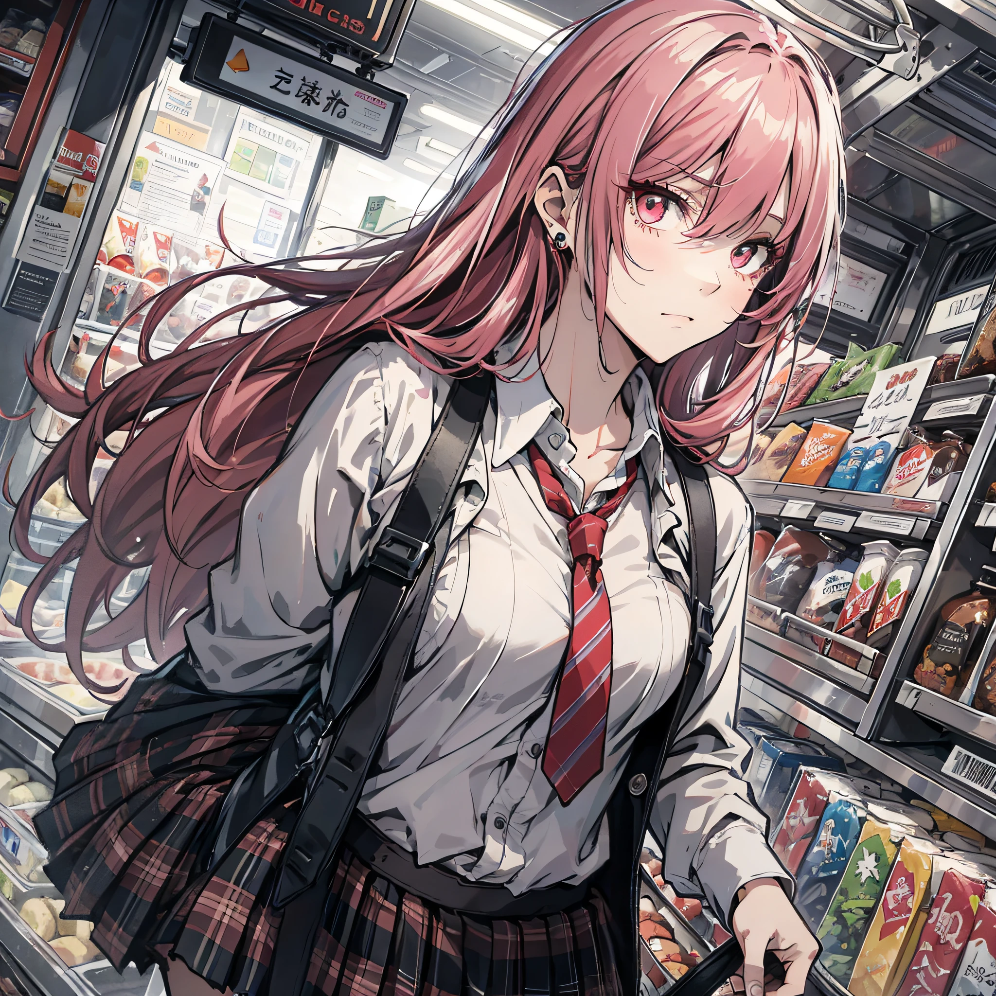 Ridiculous resolution，A high resolution，（tmasterpiece：1.4），Hyper-detailing，Pink Long Hair, 1girll, dual horsetail, Solo, red color eyes, Angry,  white necktie, Pleated plaid red skirt, school uniform, Zombie role-playing，Supermarket，Take the bag（1.3），sneaky，walked，Zombie apocalypse，Zombie outbreak