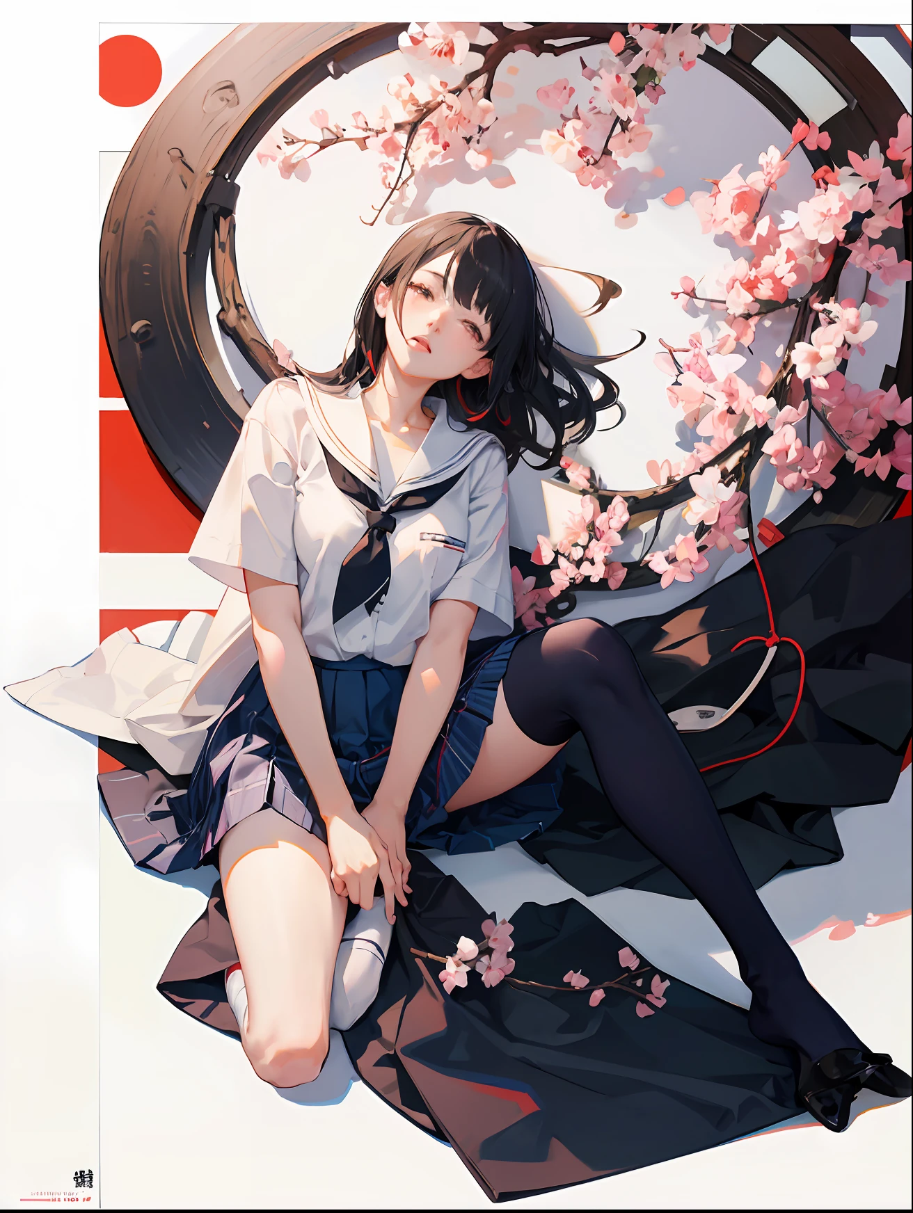Japanese languid style,Japanese white short sleeves,striped tie,White stockings plaid skirt,japanese girl school uniform, JK school uniform, One knee touches the ground,squatt,exteriors,filmposter,tmasterpiece,8K,A masterpice,Pisif,