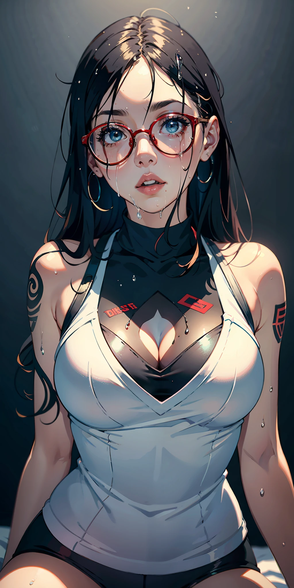 one-girl,circle glasses,Tattooed with, One-piece turtleneck white sleeveless sweater, Long white cotton socks, The lips are slightly open, Red-faced, Wet hair,Sweat all over the body,sit on a bed, crisp breasts, Convex buttocks, Grab your chest with both hands,Detailed background, Clothing details, perfectly proportioned, Multiple perspectives,filmgrain, Fuji colors, lightand shade contrast, tmasterpiece, high detal, high qulity, A high resolution, Cinematic lighting, 8K, Textured skin, Super detail