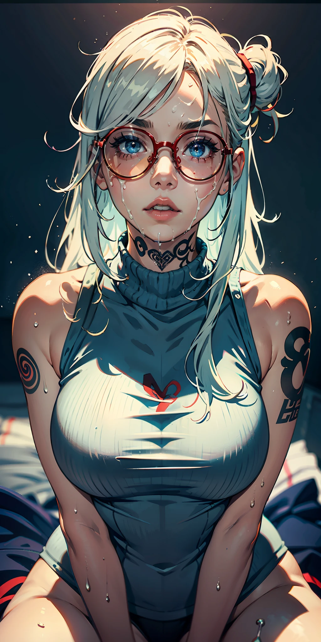 one-girl,circle glasses,Tattooed with, One-piece turtleneck white sleeveless sweater, Long white cotton socks, The lips are slightly open, Red-faced, Wet hair,Sweat all over the body,sit on a bed, crisp breasts, Convex buttocks, Grab your chest with both hands,Detailed background, Clothing details, perfectly proportioned, Multiple perspectives,filmgrain, Fuji colors, lightand shade contrast, tmasterpiece, high detal, high qulity, A high resolution, Cinematic lighting, 8K, Textured skin, Super detail