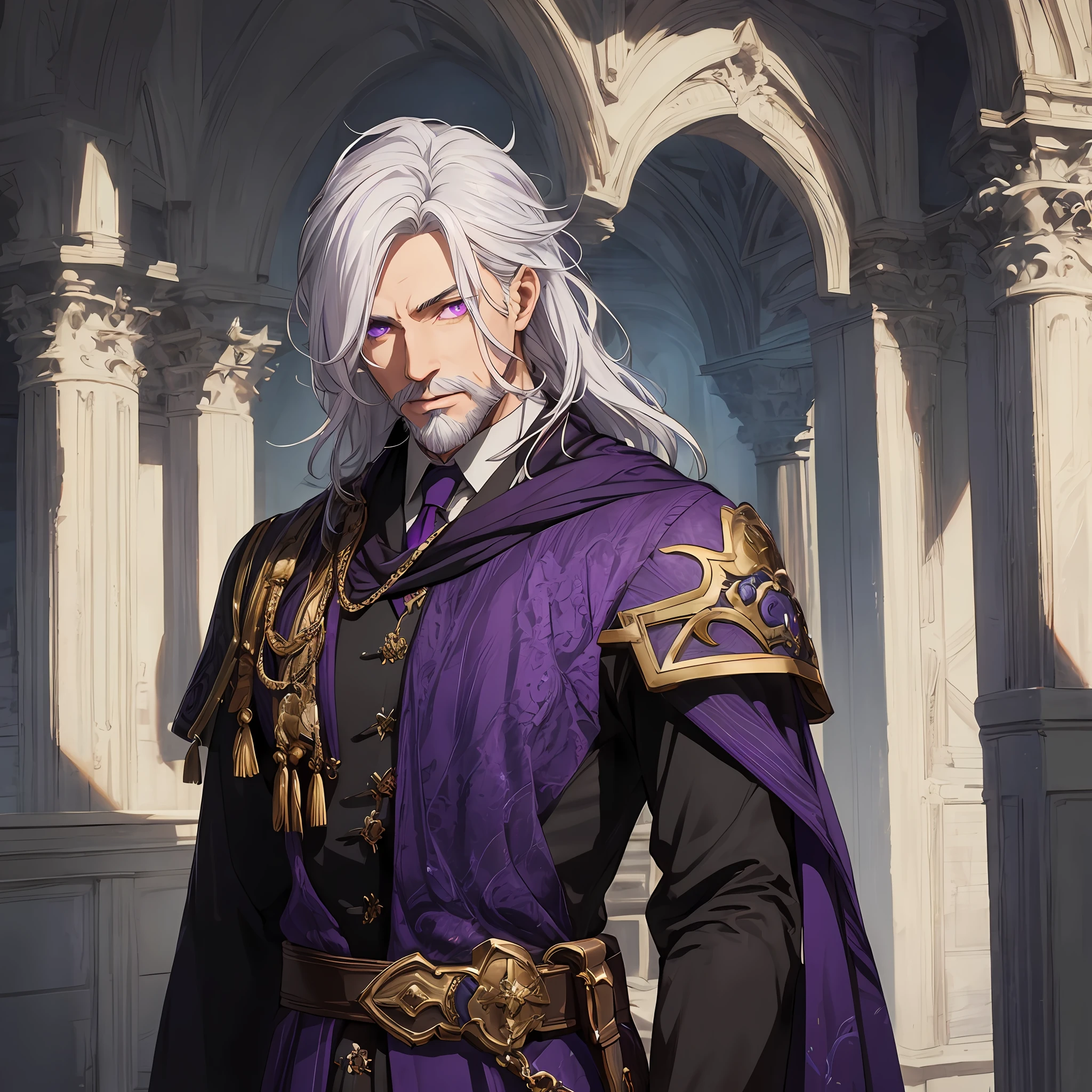 masterpiece, best quality, 1man, elder, oldman, bearded, male focus, solo, white hair, long hair, vibrant purple eyes, looking at viewer, closed mouth, Fantasy aesthetics, Highly detailed, shadowverse style, count attire