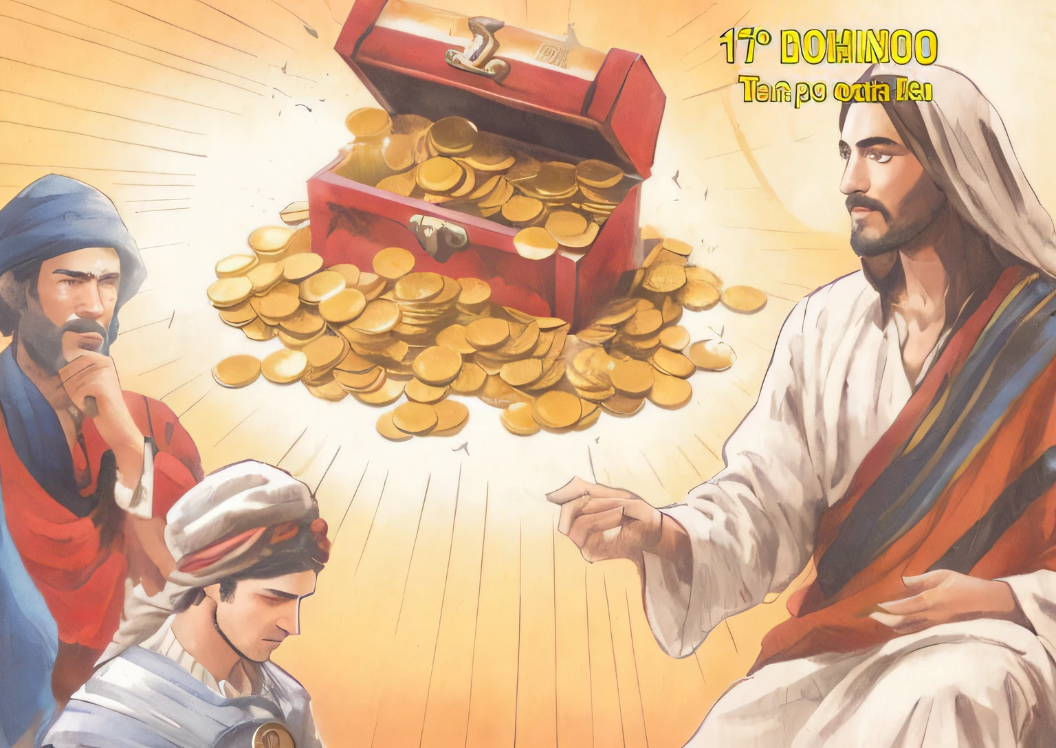 "Arafed image of a man with a chest of gold coins, ele tem um tesouro com ele."