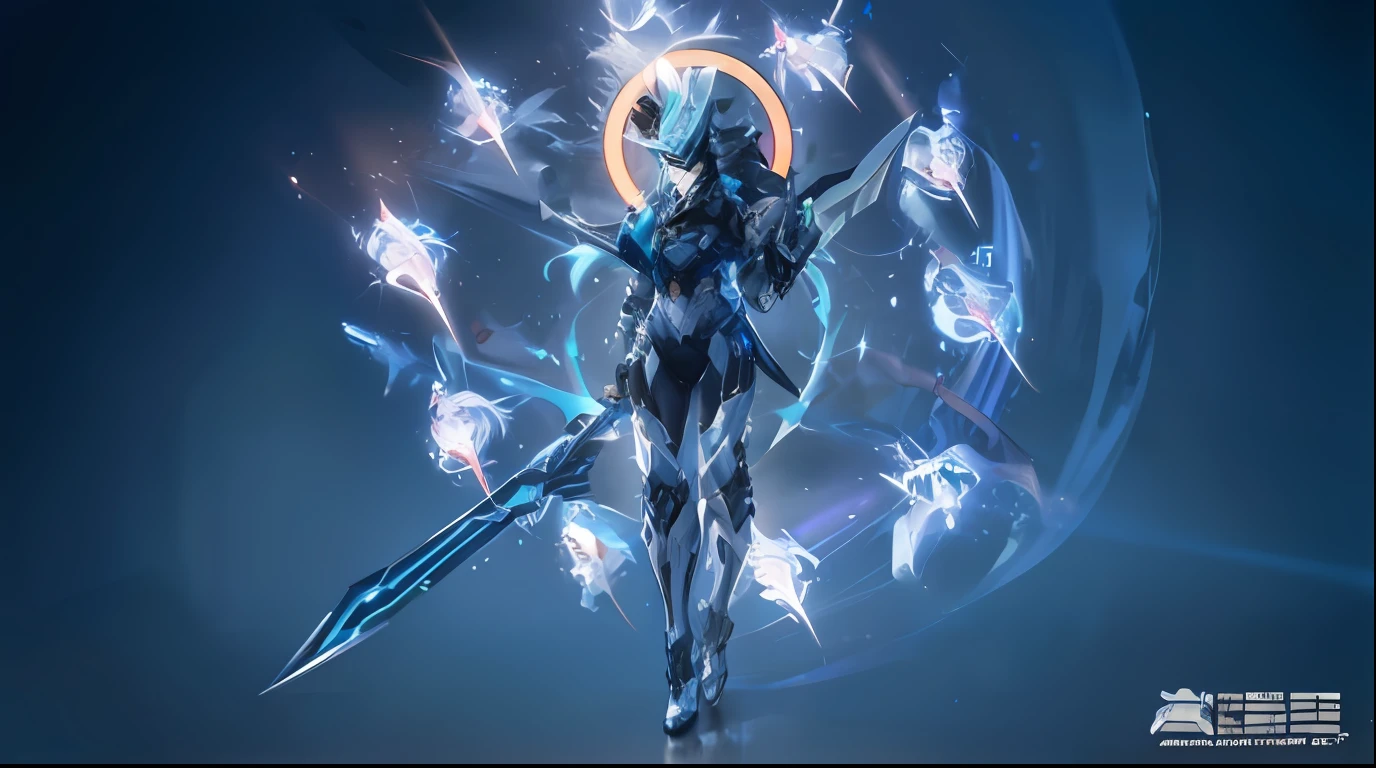 A futuristic woman holding a sword in front of a circular light, this character has cryokinesis, of a beautiful saryn warframe, ethereal and mecha theme, detailed warframe, of a beautiful female warframe, clothed in ethereal battle armor, A variety of therapeutic sportswear, Cybernetics enhancement of luminescence, warframe armor, ethereal hologram center