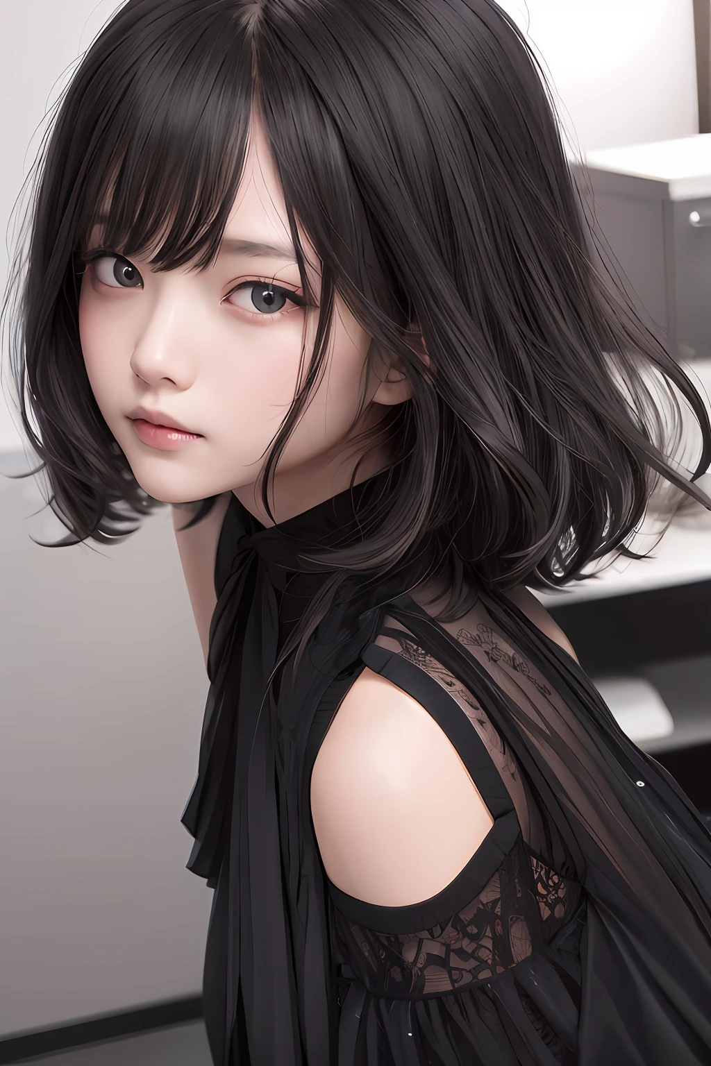 best qualtiy、Black dress、Bedrooms、Sharp eyes