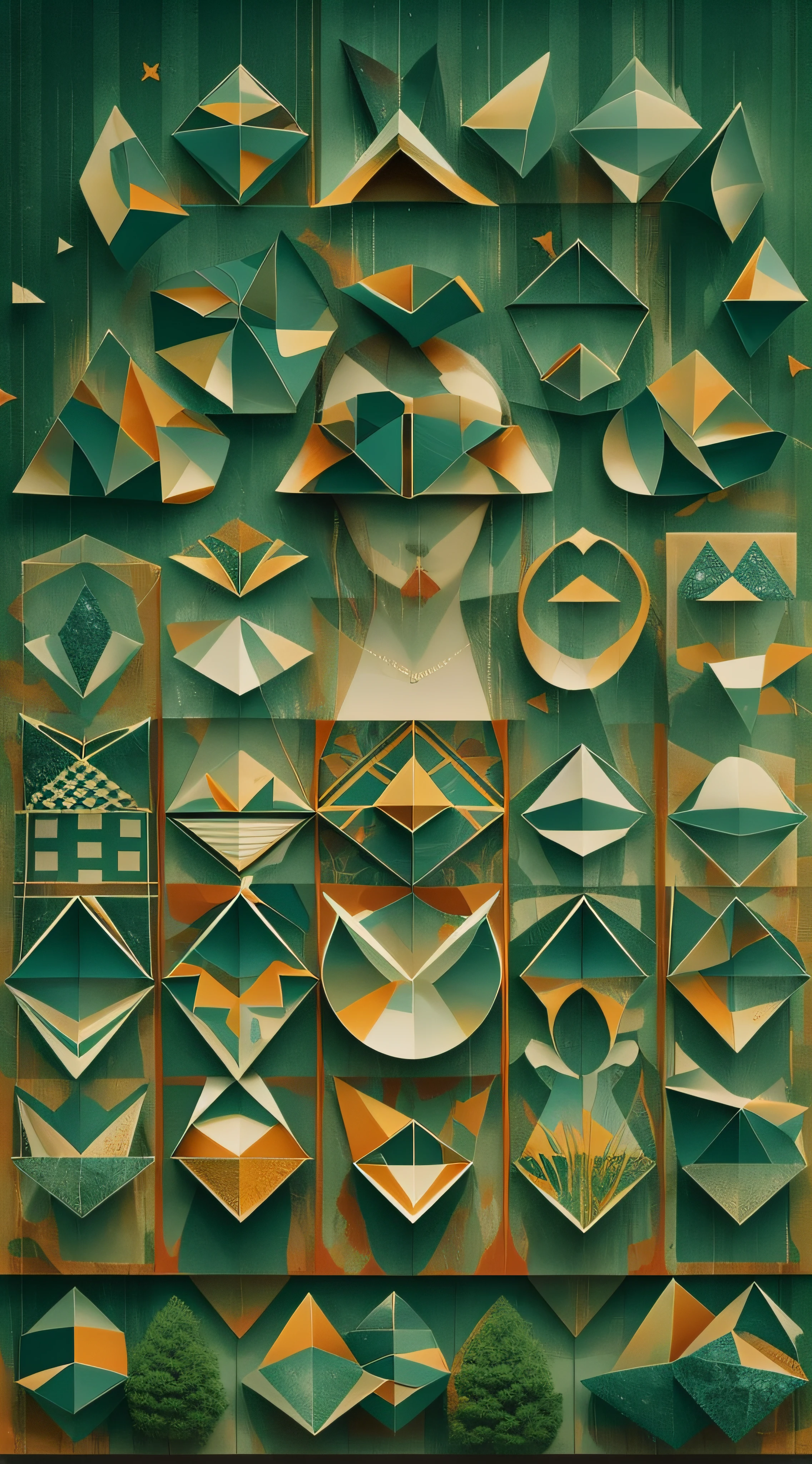 The avatar consists of simple geometric shapes，Graphic illustration，closeup cleavage，Fantastic installation style，Realistic and imaginative，pegging/pegging，Multi-layer collage